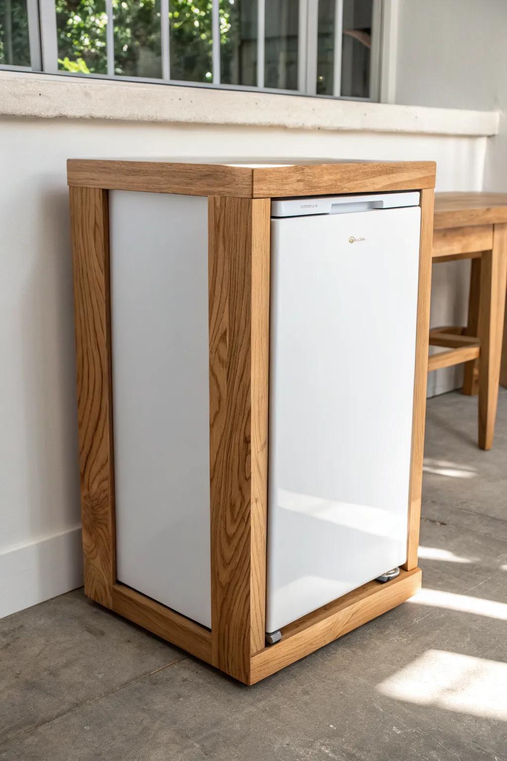 Counter-height mini fridge stand with a butcher-block top—an instant tiny prep zone for small spaces.