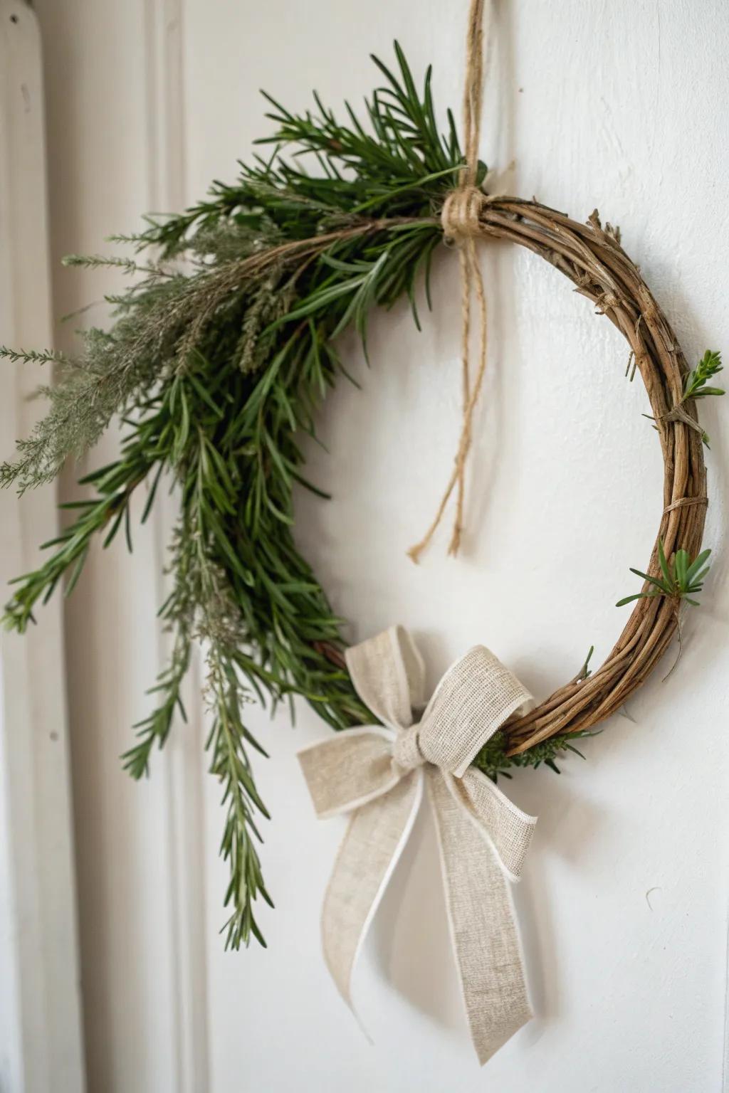 A rosemary mini wreath that looks minimalist and adds a fresh, cozy scent by the entry.