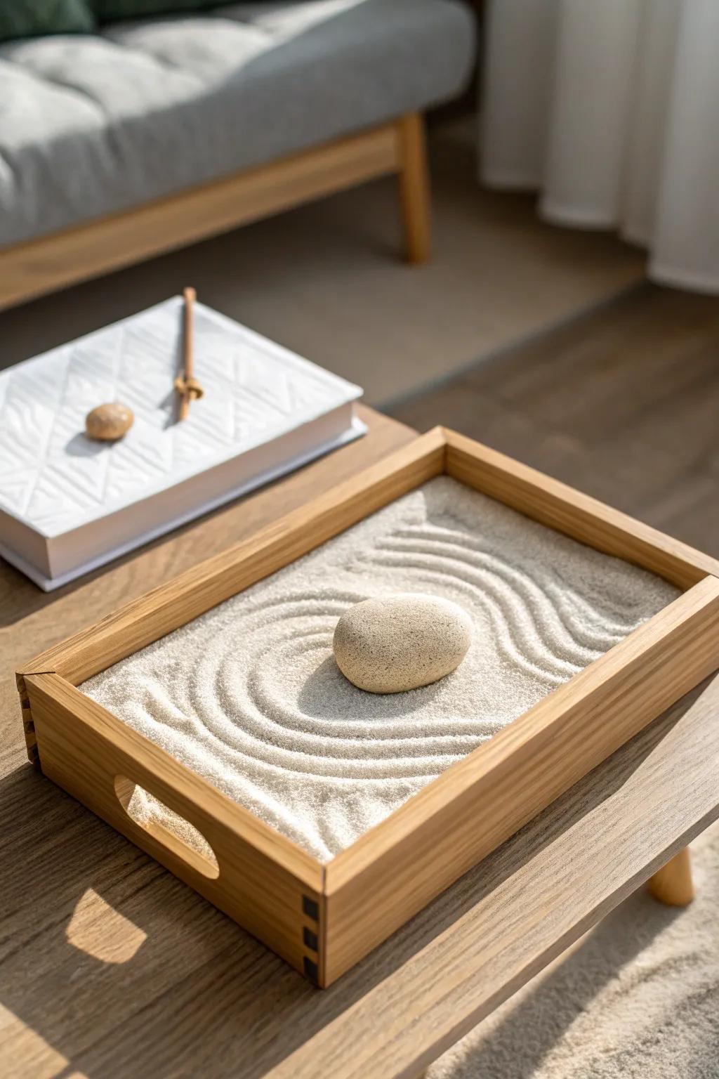 A shoebox-lid zen garden: fine sand, gentle raked waves, and one calming stone centerpiece.
