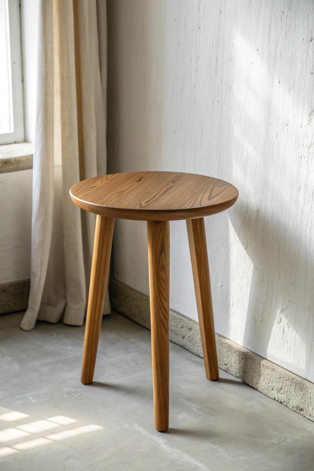 Warm oak Japandi side table: clean lines, simple shape, instant calm for tiny apartments.