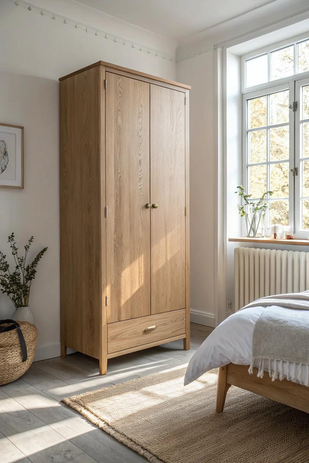 Go vertical with closed storage: a tall wardrobe hides clutter and keeps small bedrooms serene.