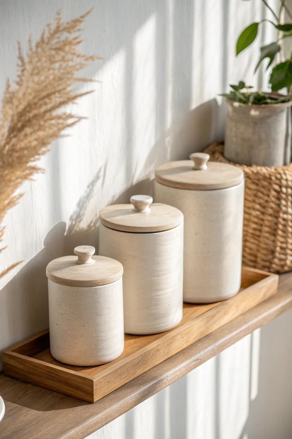 Match your storage containers to hide everyday clutter and keep shelves calm and minimal.