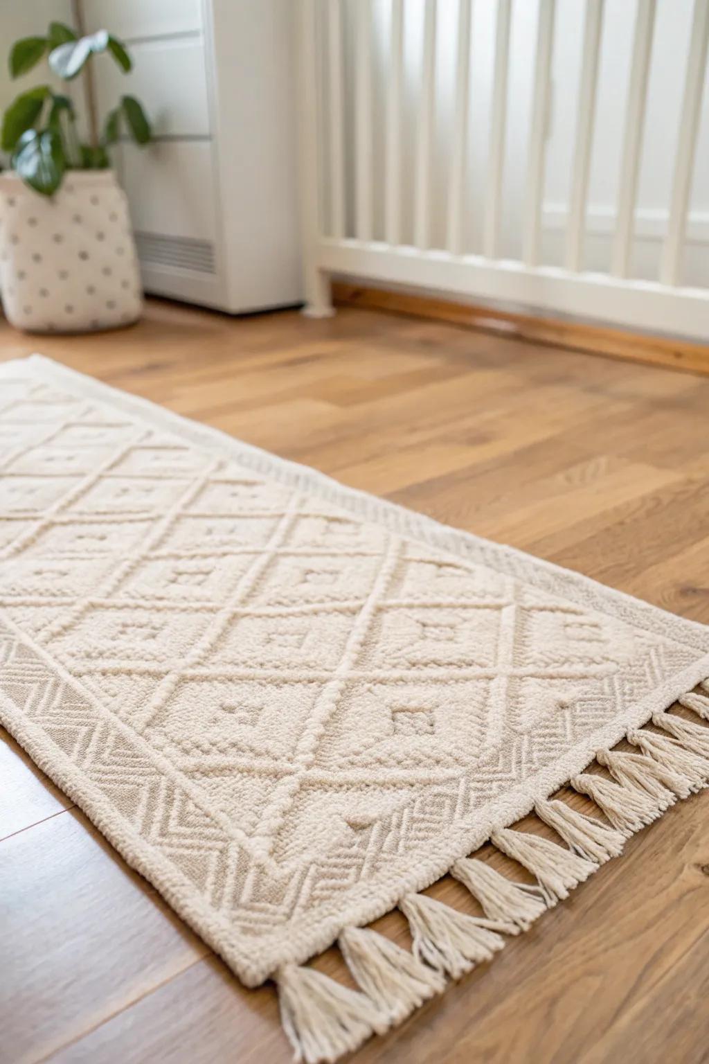 Anchor a tiny nursery corner with a neutral rug—soft texture, subtle pattern, instant calm.