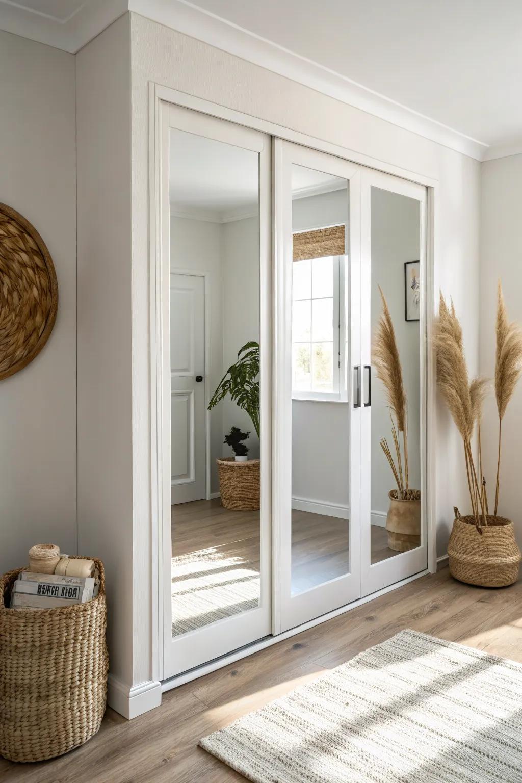 Picture-frame molding turns plain mirror closet doors into a custom, cozy weekend upgrade.