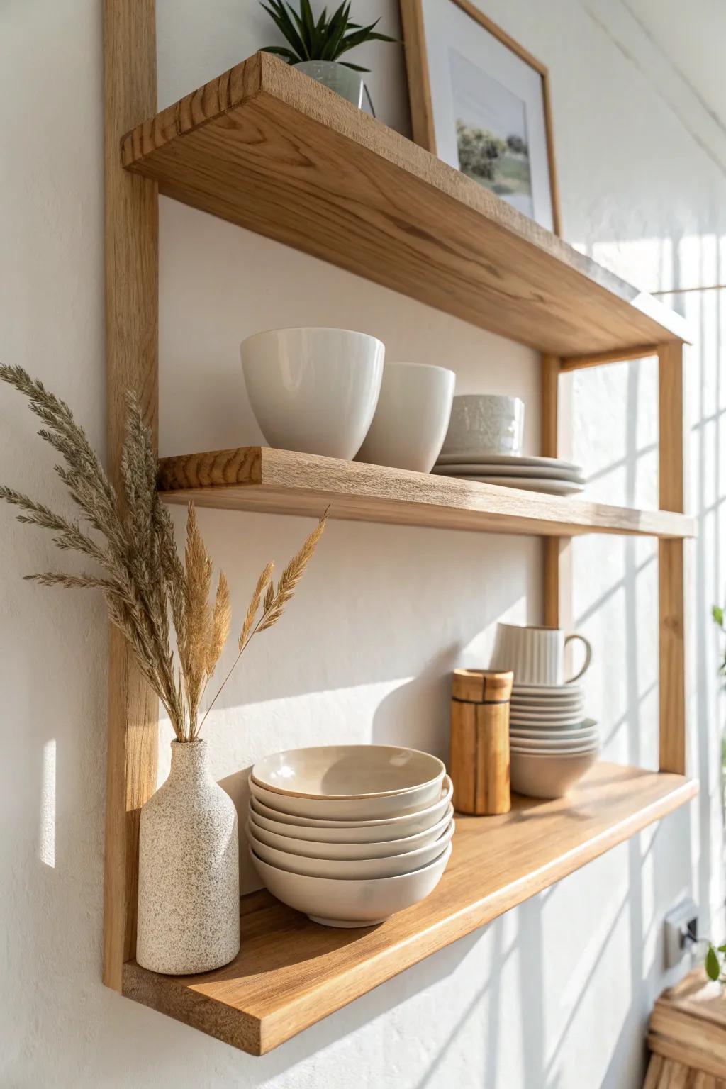 Open oak shelving with simple mugs and bowls makes a small mobile home kitchen feel airy.