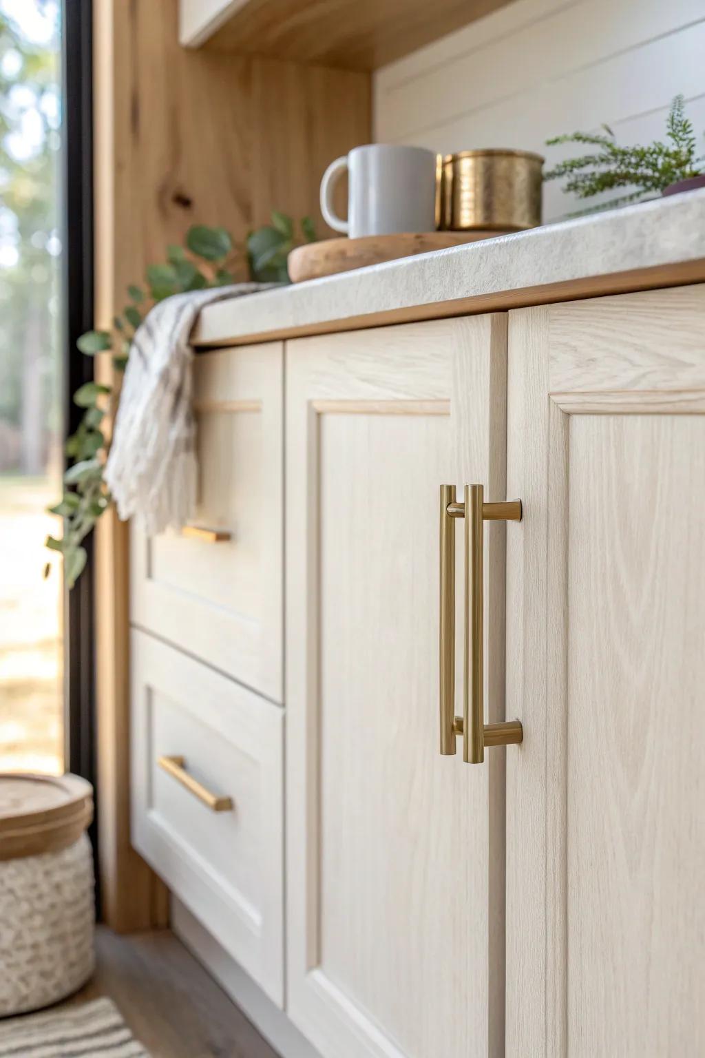 Painted cabinets + brushed brass hardware: the easiest mobile home kitchen refresh with modern warmth.