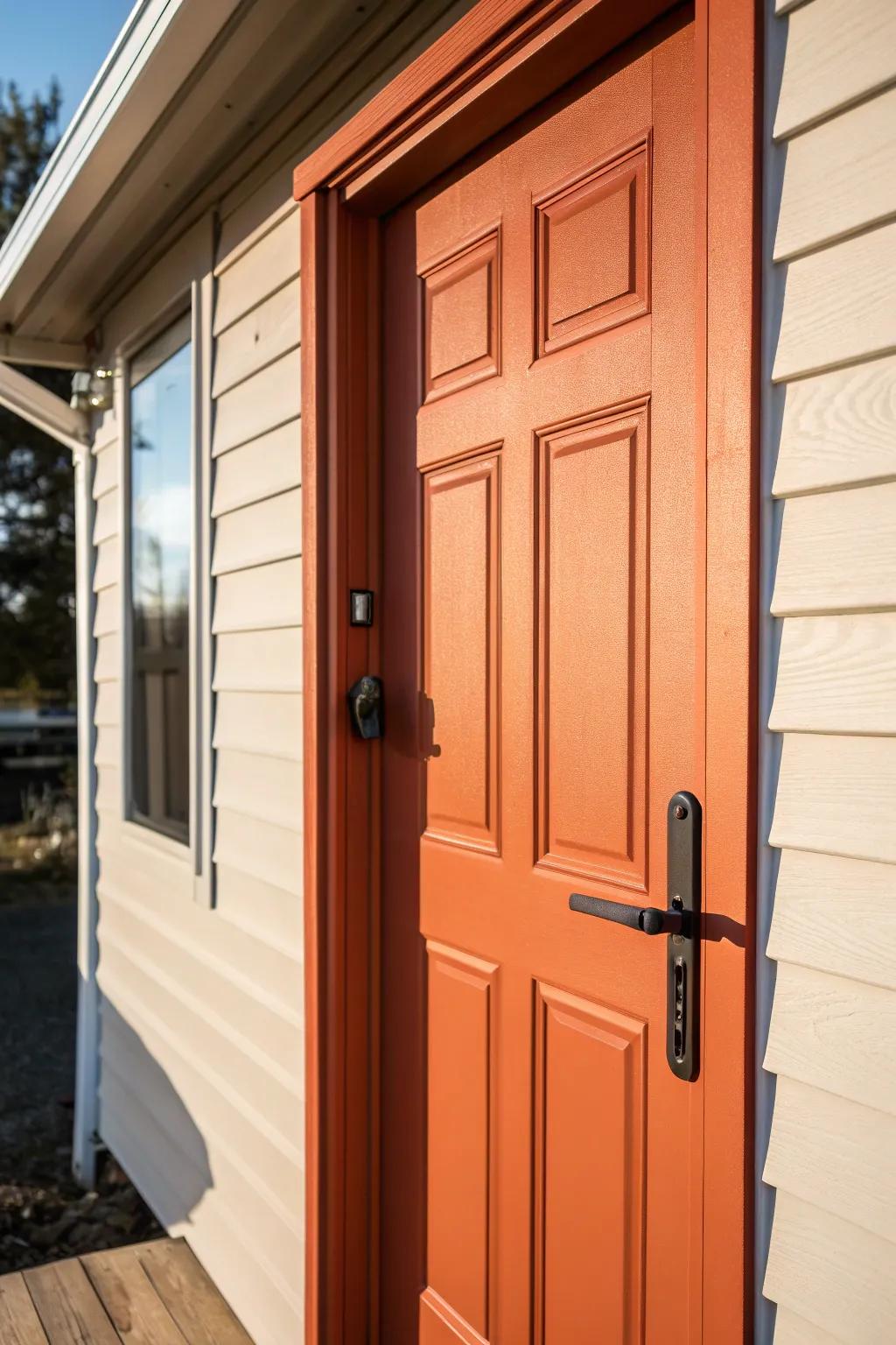 A bold matte terracotta front door instantly refreshes a mobile home entry—simple and chic.