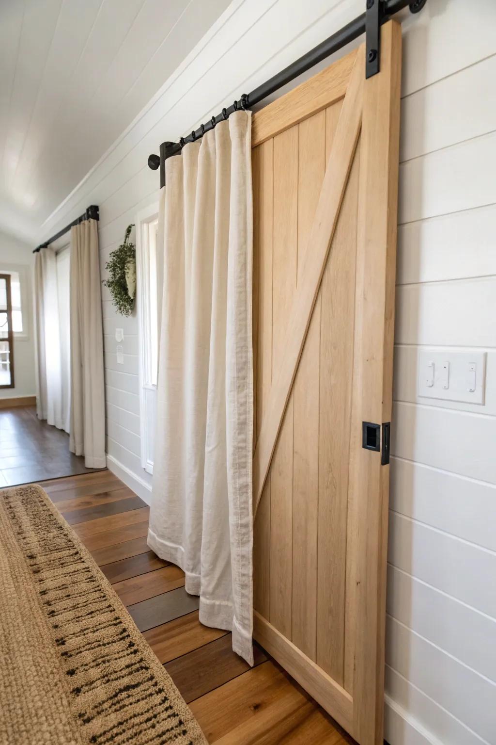 Save precious hallway space with a warm wood sliding door—minimal, airy, and mobile-home friendly.