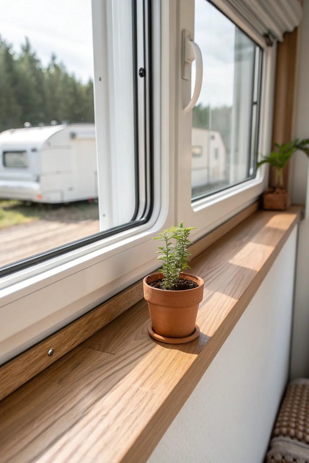 Ledge-style window trim doubles as a mini perch for a tiny plant—no extra shelf needed.