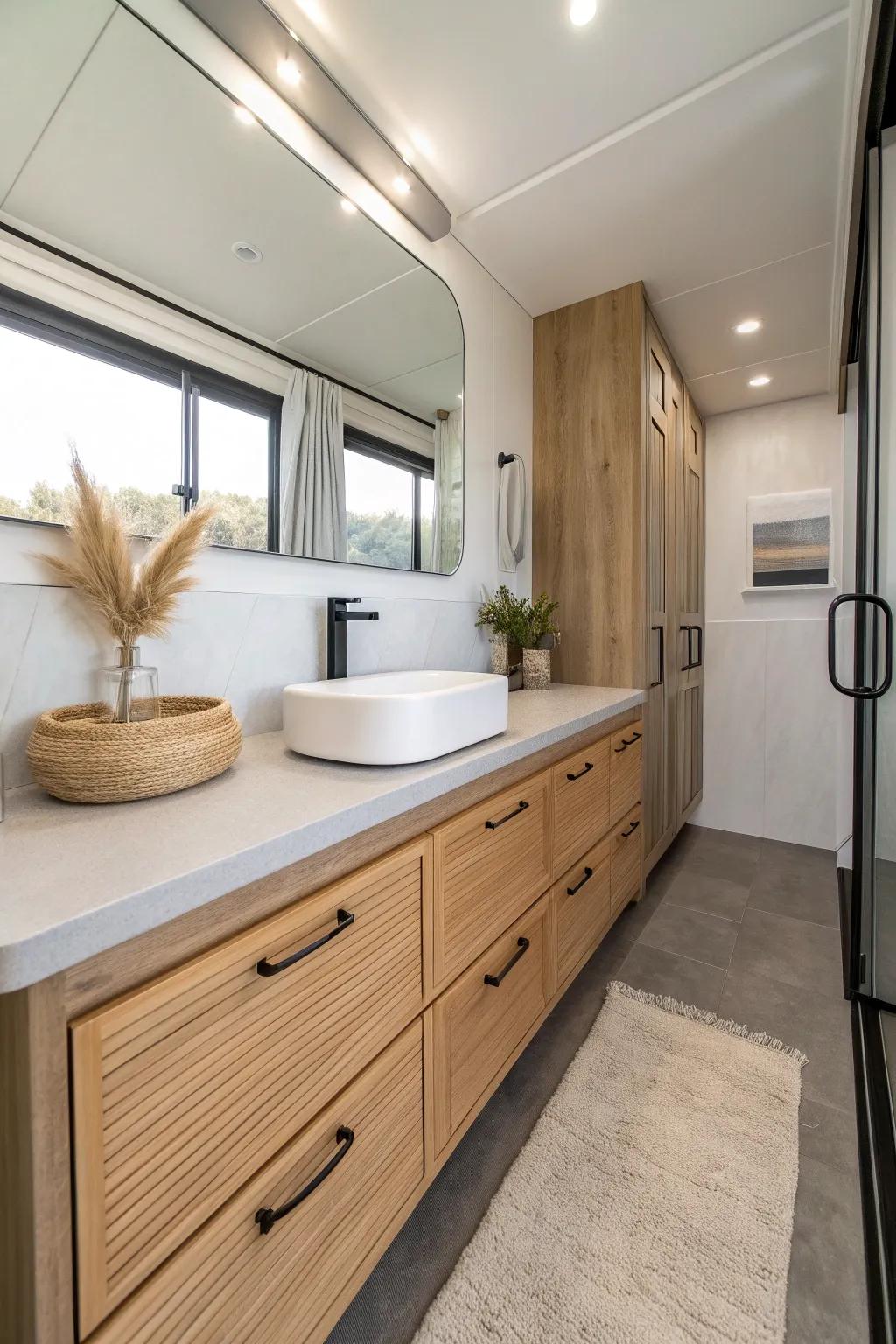 A slim floating oak vanity makes a narrow mobile-home master bath feel like a chic galley.