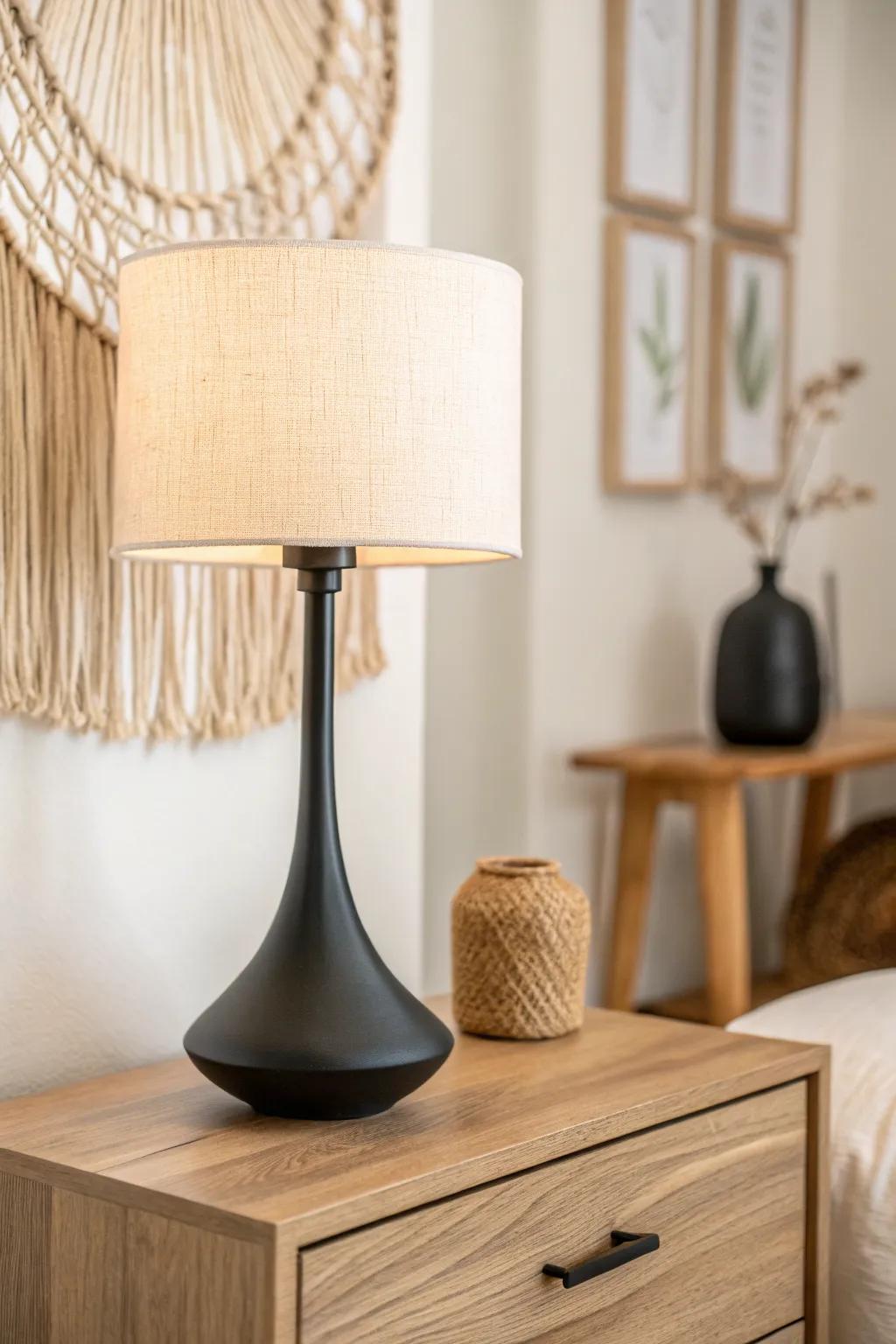 A single matte-black accent adds crisp, modern edges to a soft neutral small-space setup.