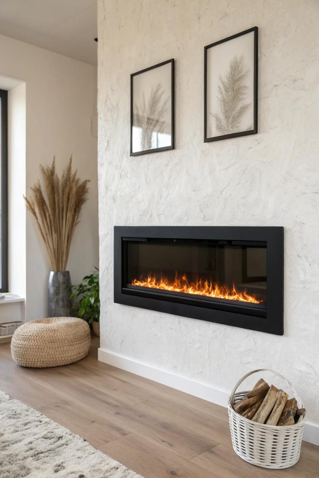 A slim wall-mounted electric fireplace adds cozy glow without stealing an inch of floor space.