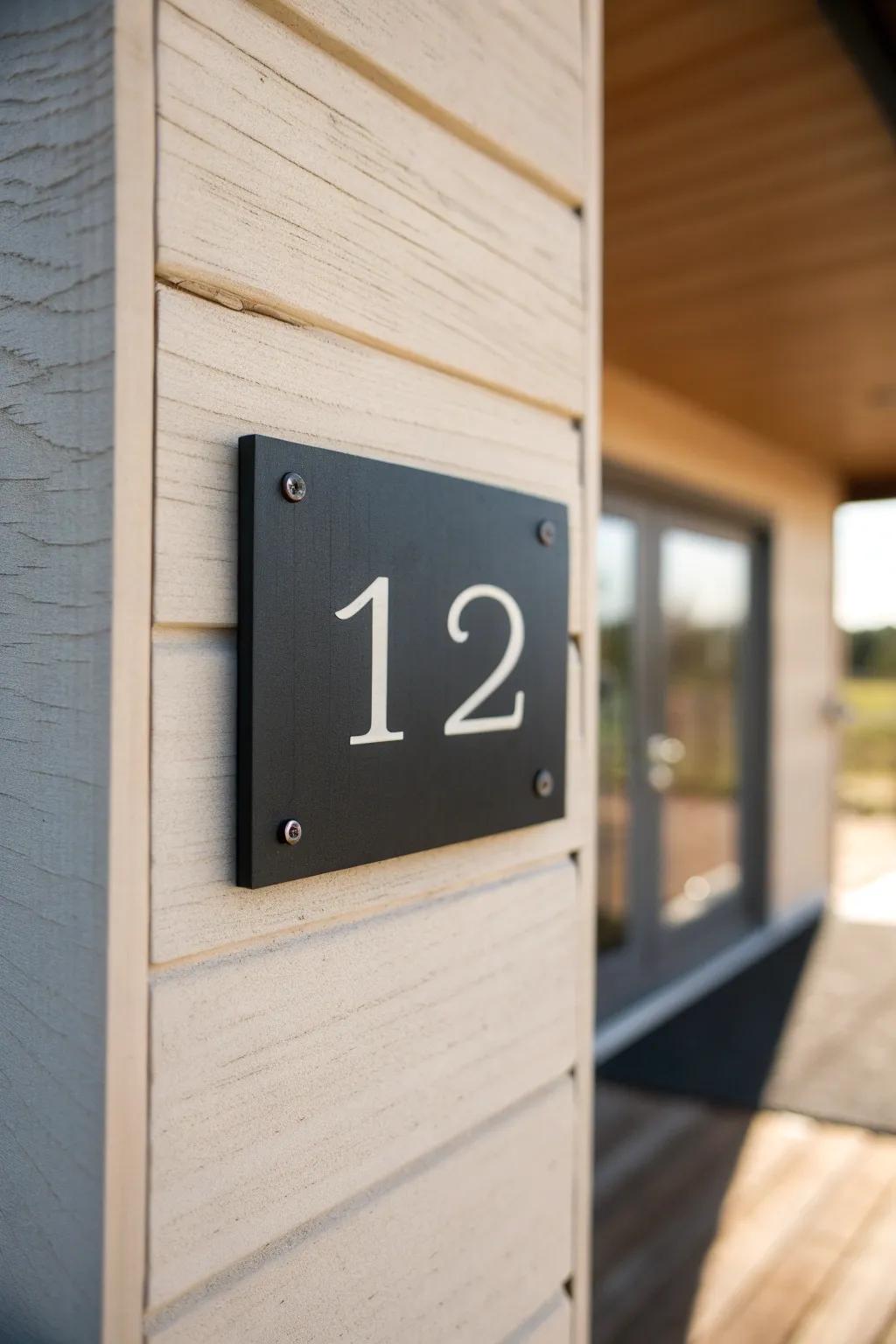 Repeat matte black accents—sleek house numbers that instantly unify a small modern porch.