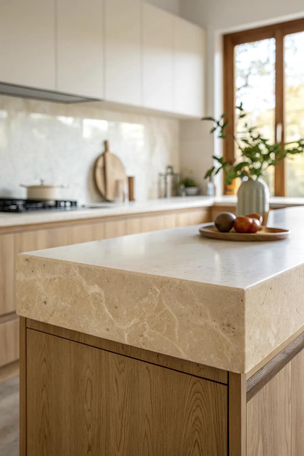 A seamless countertop-to-backsplash slab makes a tiny kitchen feel calm, airy, and modern.
