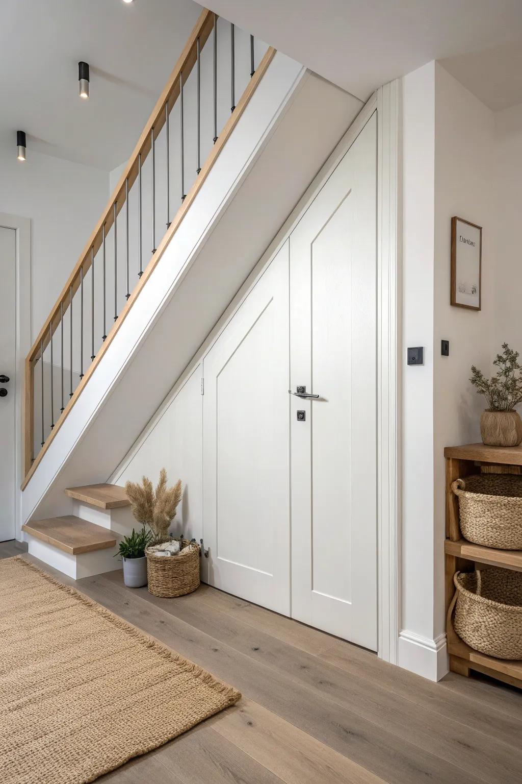 A sleek hidden under-stairs coat closet door that keeps the hallway calm and clutter-free.