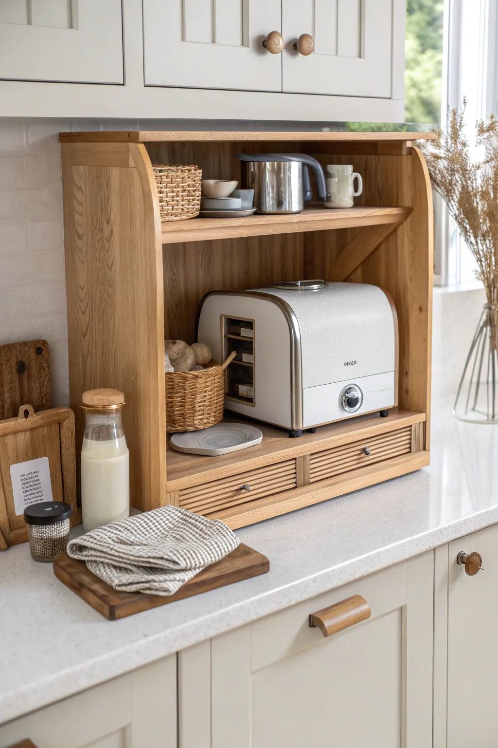 A sleek appliance garage that hides countertop clutter and keeps a small modular kitchen serene.