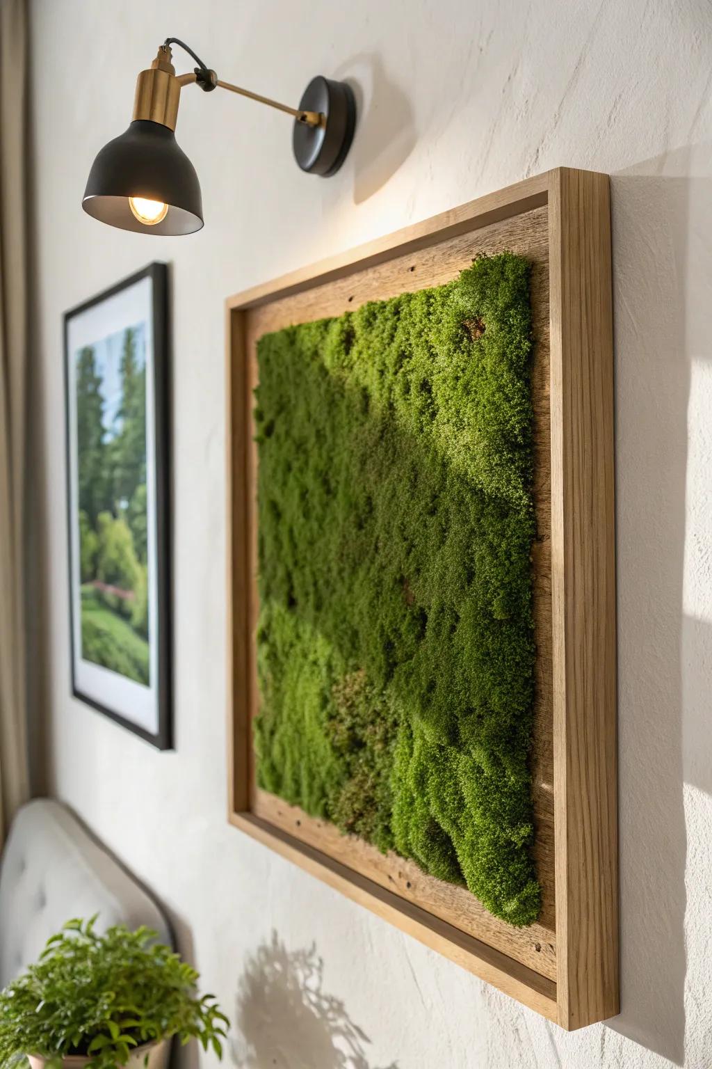 A tiny spotlight turns moss wall art into a luxe statement—texture, depth, and drama.