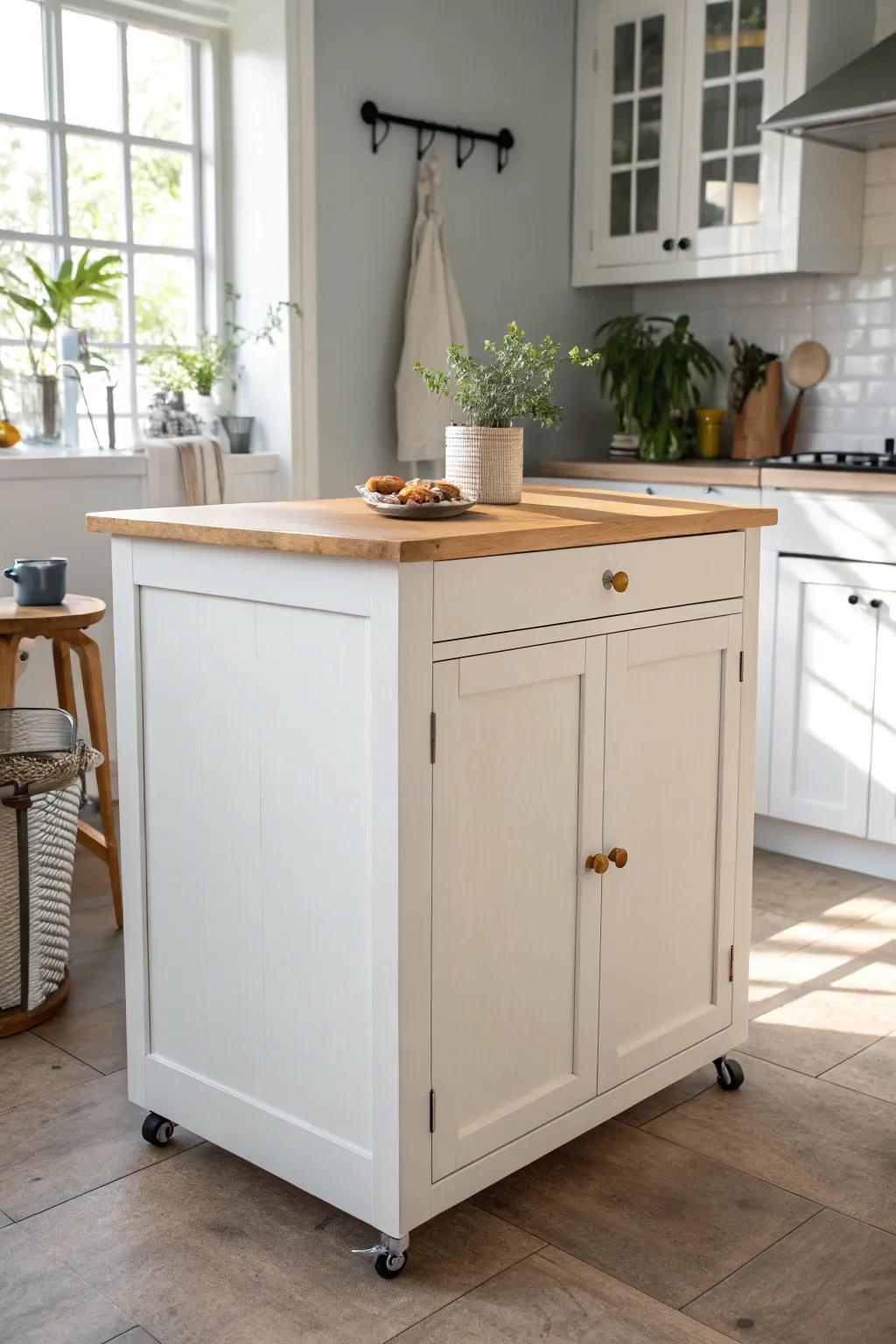 A closed cabinet-base island hides bulky appliances and instantly makes a small kitchen feel calm.