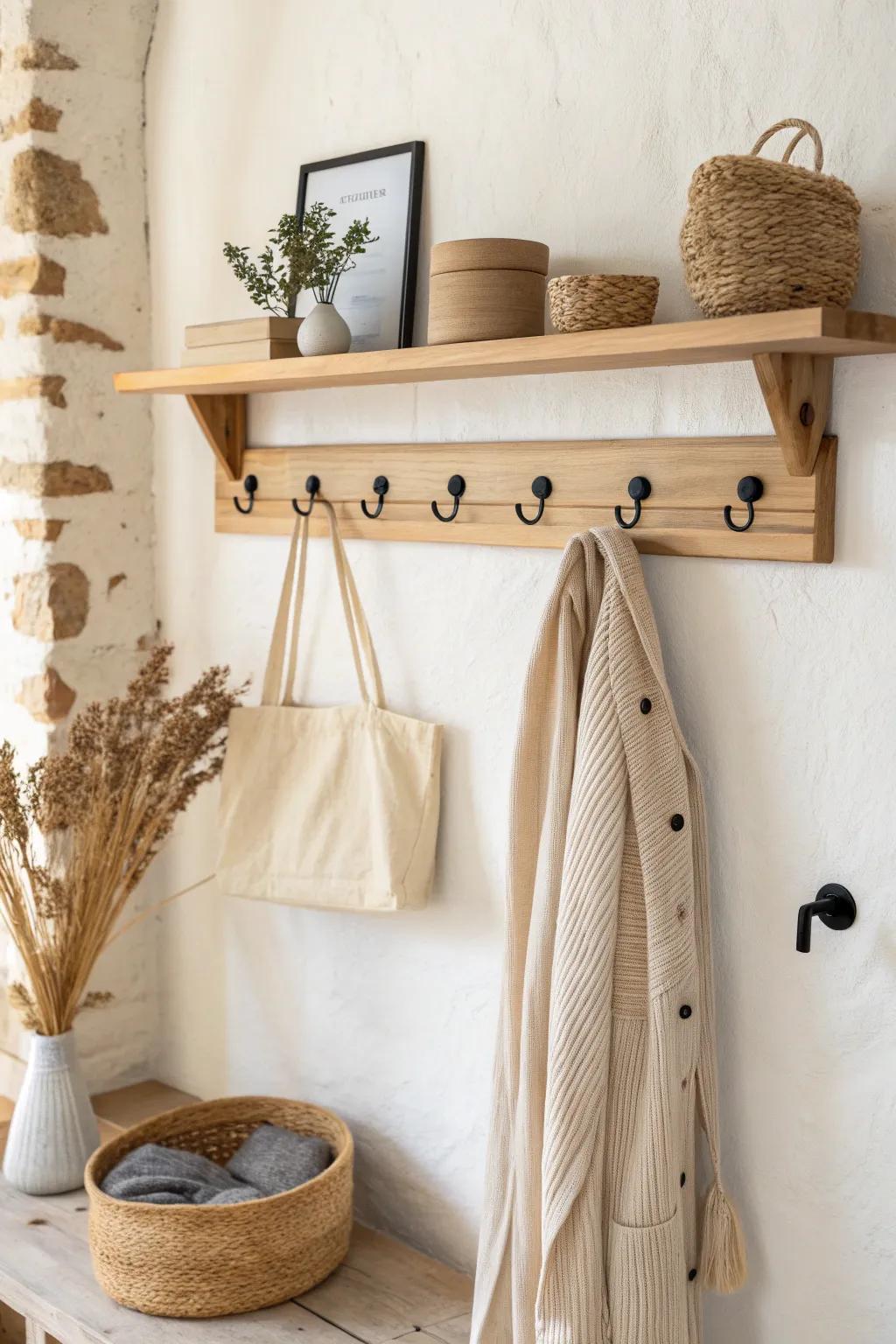 Trade the closet rod for hooks + stacked shelves to create tidy zones in the smallest mudroom.
