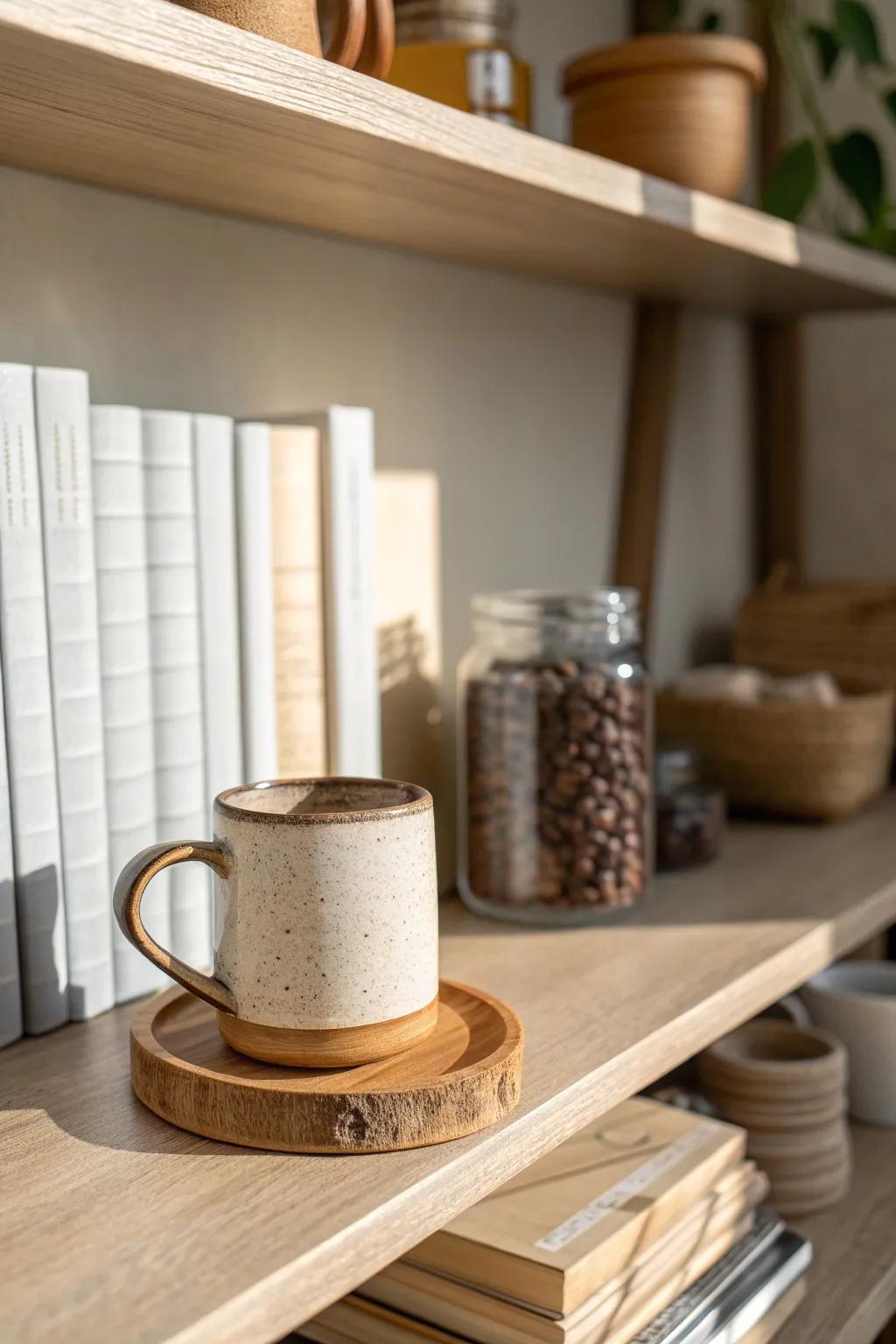 Turn a narrow bookcase shelf into a styled coffee nook—pretty mugs at eye level, backups below.