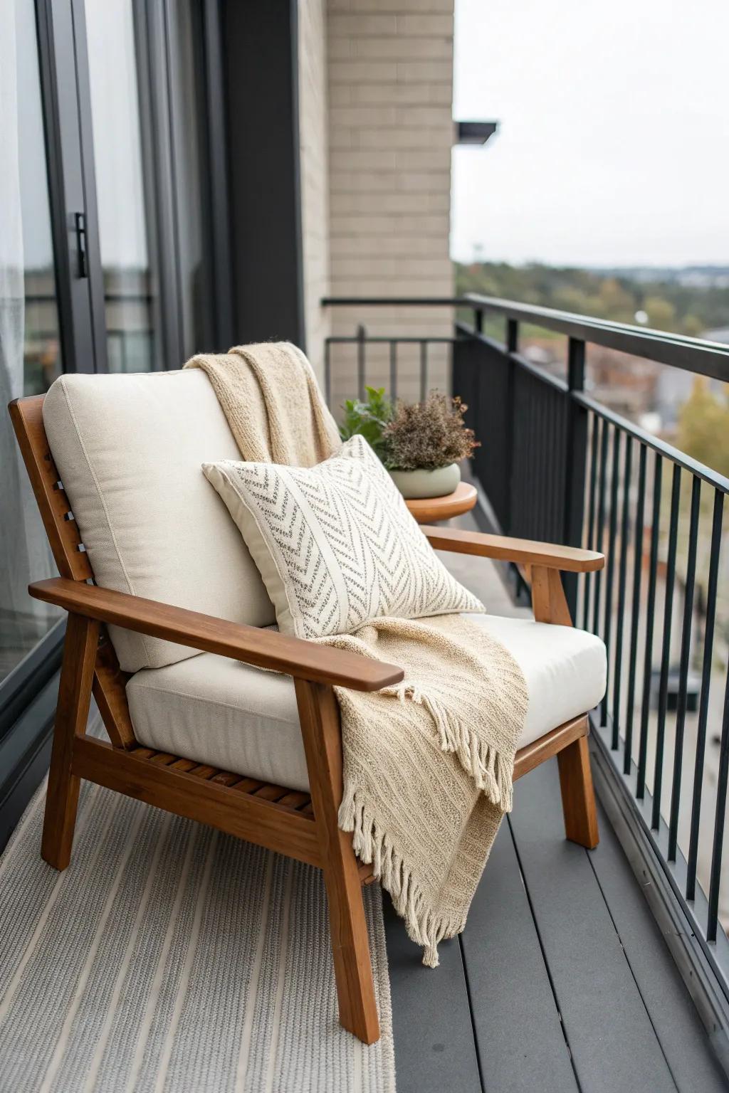 Layered outdoor pillows and a handwoven throw make a narrow balcony seat feel like home.