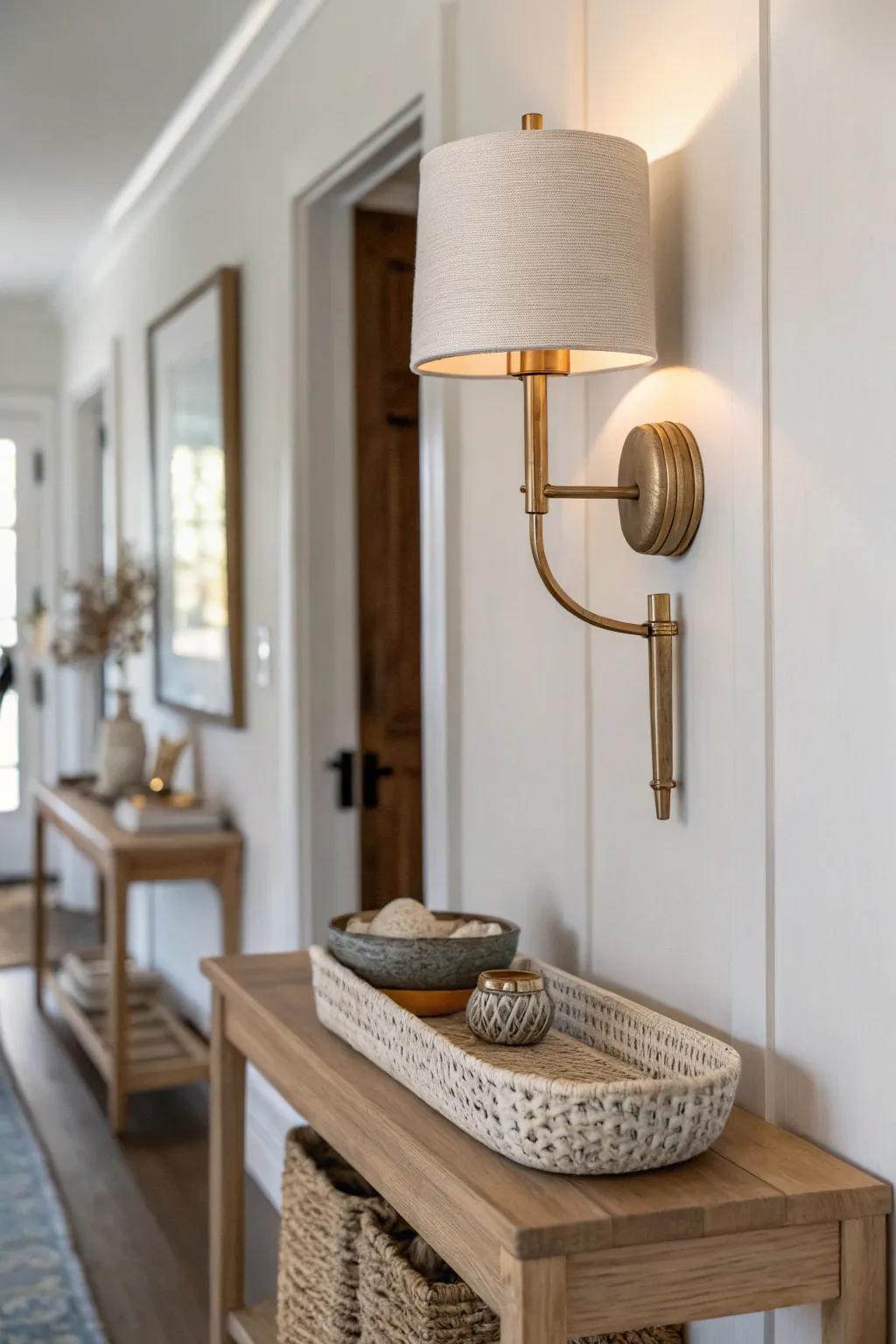Swap a table lamp for a wall sconce to save console space and keep a narrow entryway warm.