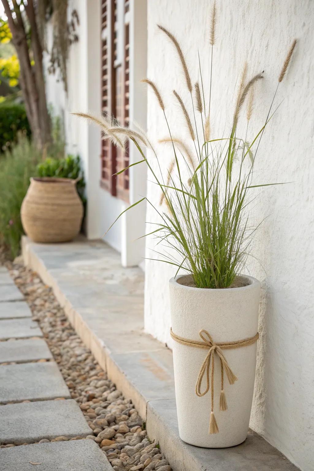 Go vertical: a tall, slim plant adds height and calm without stealing space in a narrow garden.