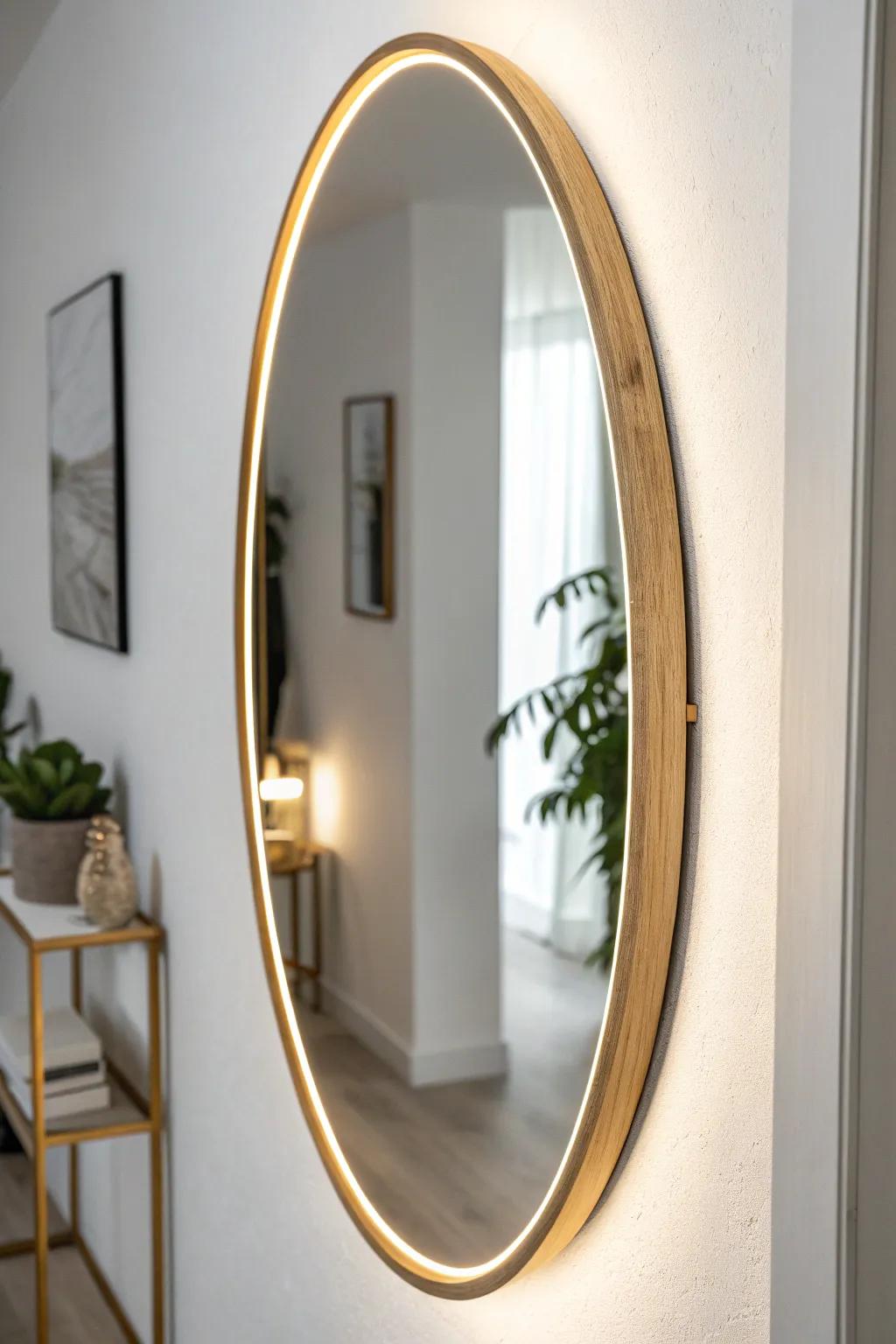 A warm backlit mirror instantly doubles light and makes a narrow hallway feel deeper.