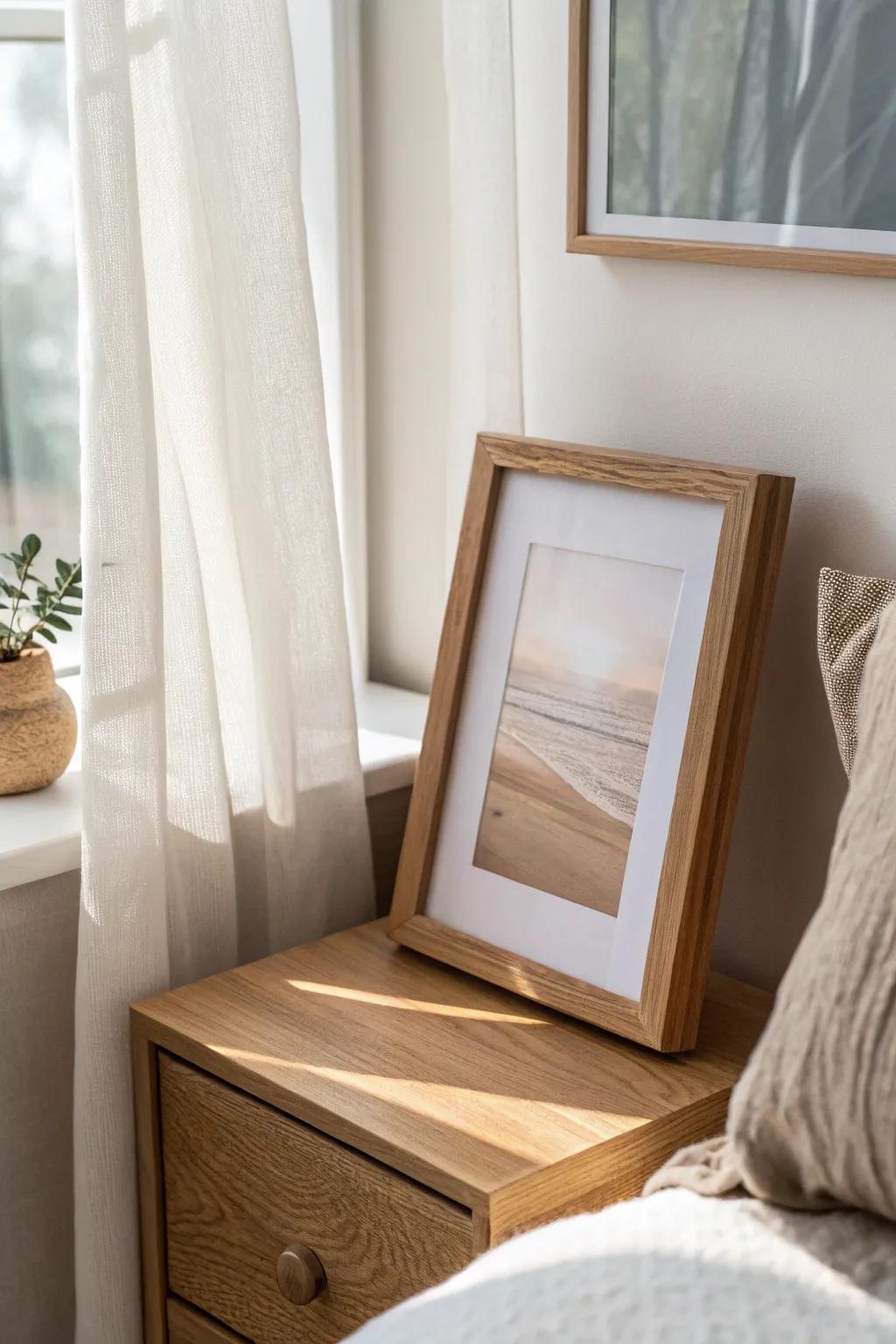 Lean a single frame against the wall for personal, rental-friendly nightstand style.