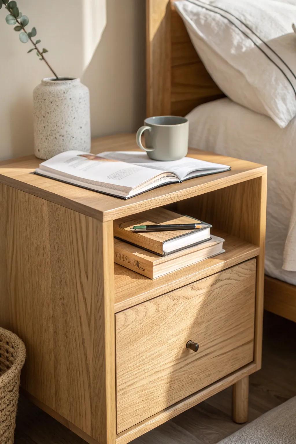 A single slot keeps your current book and notebook together—no mini library on your nightstand.