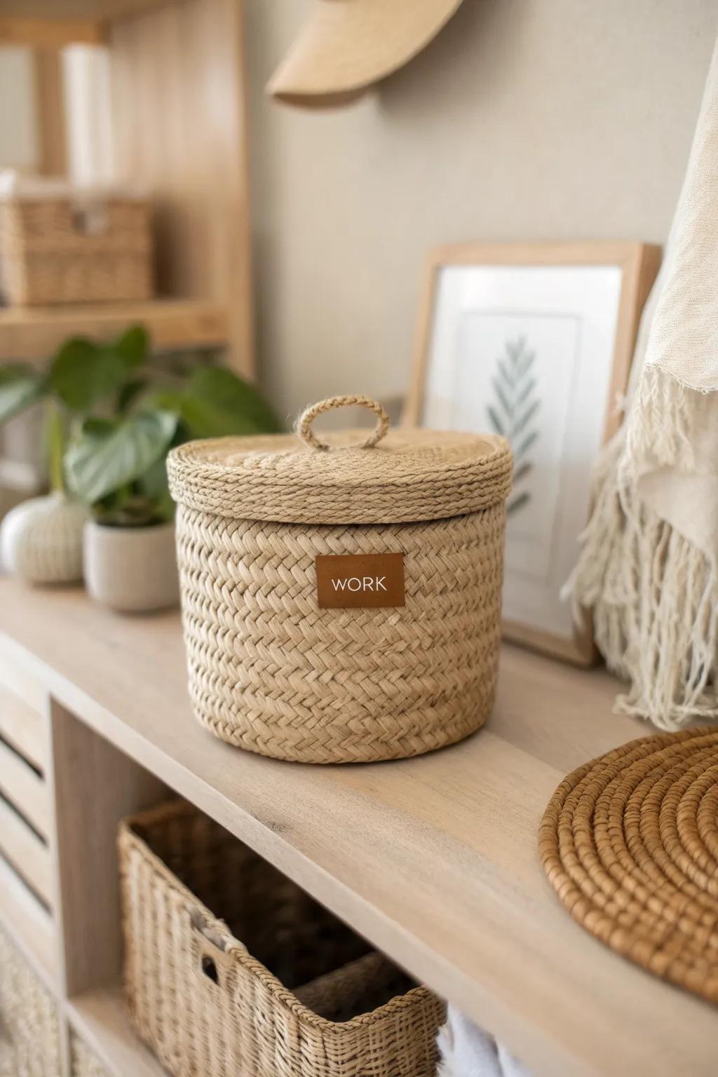 A lidded woven bin hides work clutter in style—calm, coordinated storage for a nursery office combo.