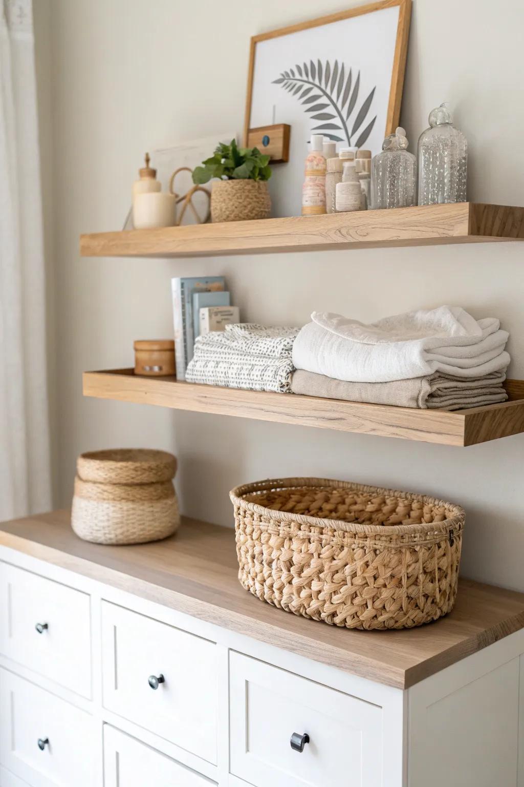 Floating shelves over the dresser: daily essentials on the bottom, pretties and backups up top.
