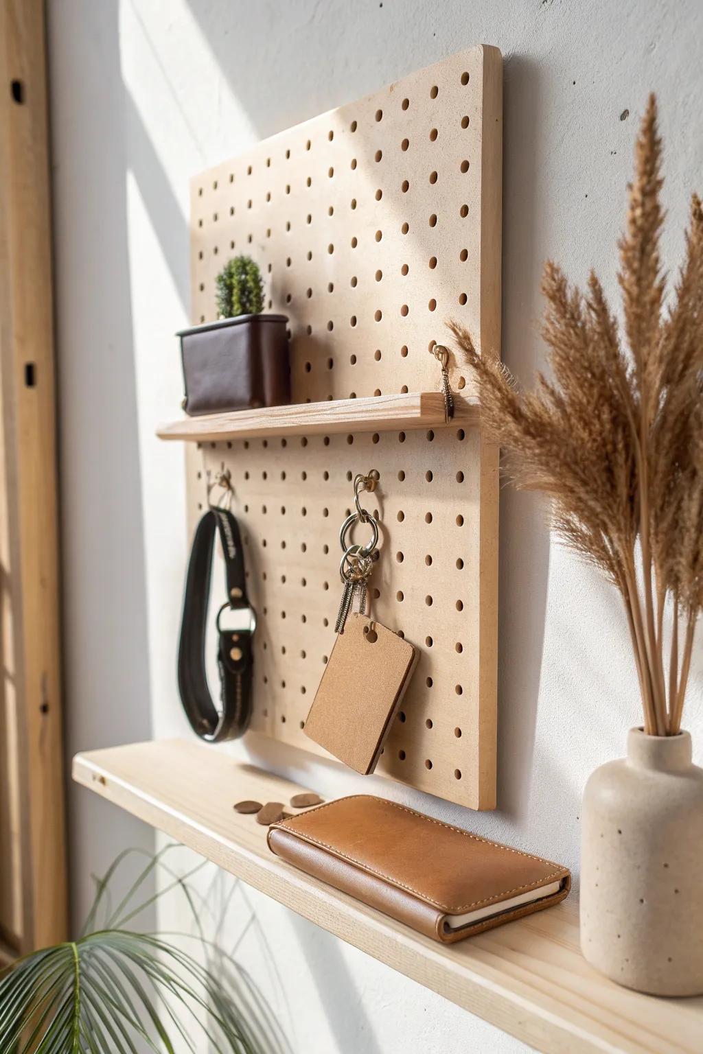 A tiny pegboard drop zone that keeps keys and wallet tidy—perfect for small-space offices.
