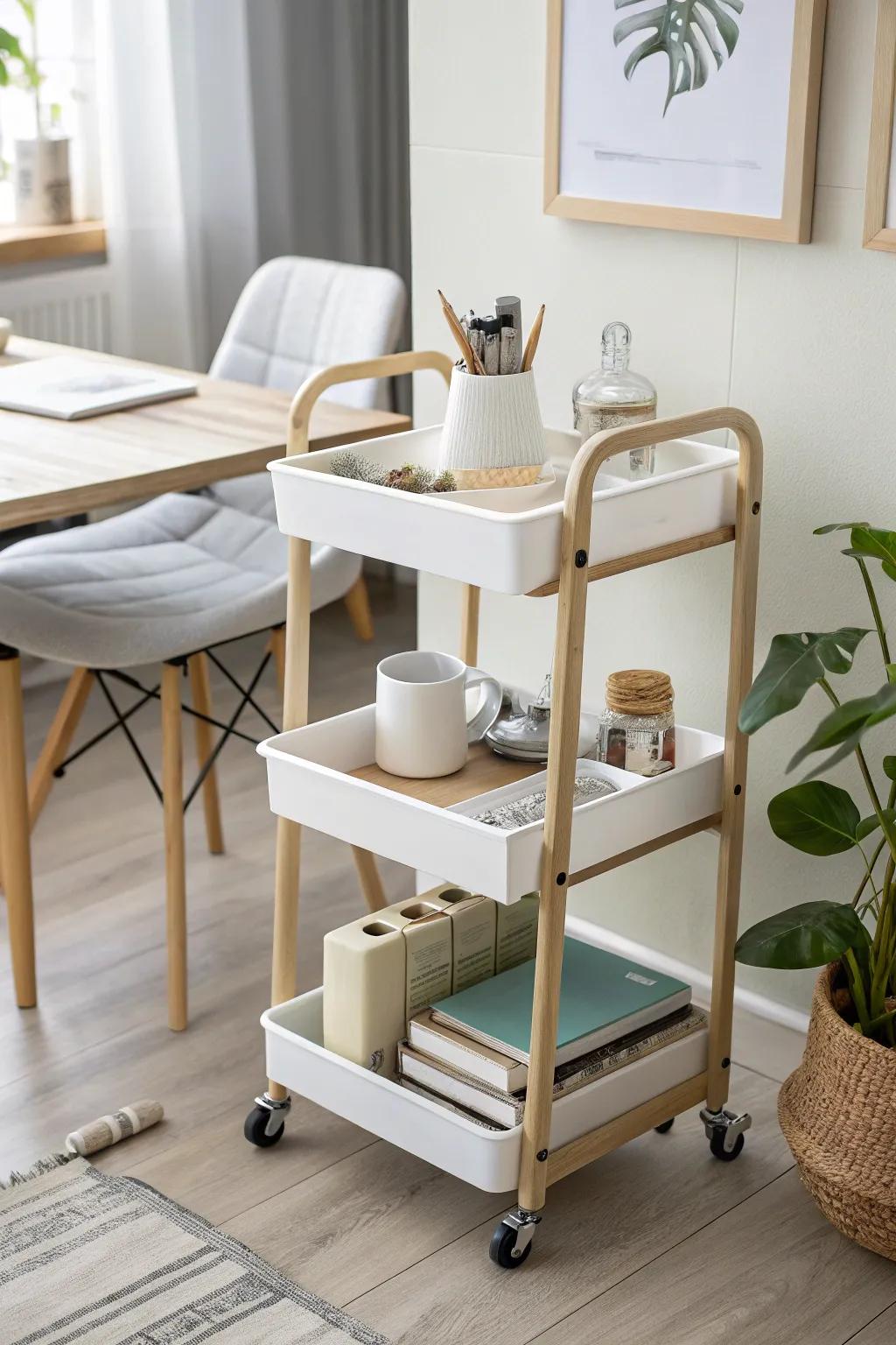 A slim rolling cart keeps office essentials mobile—perfect for dining-table desks in small spaces.
