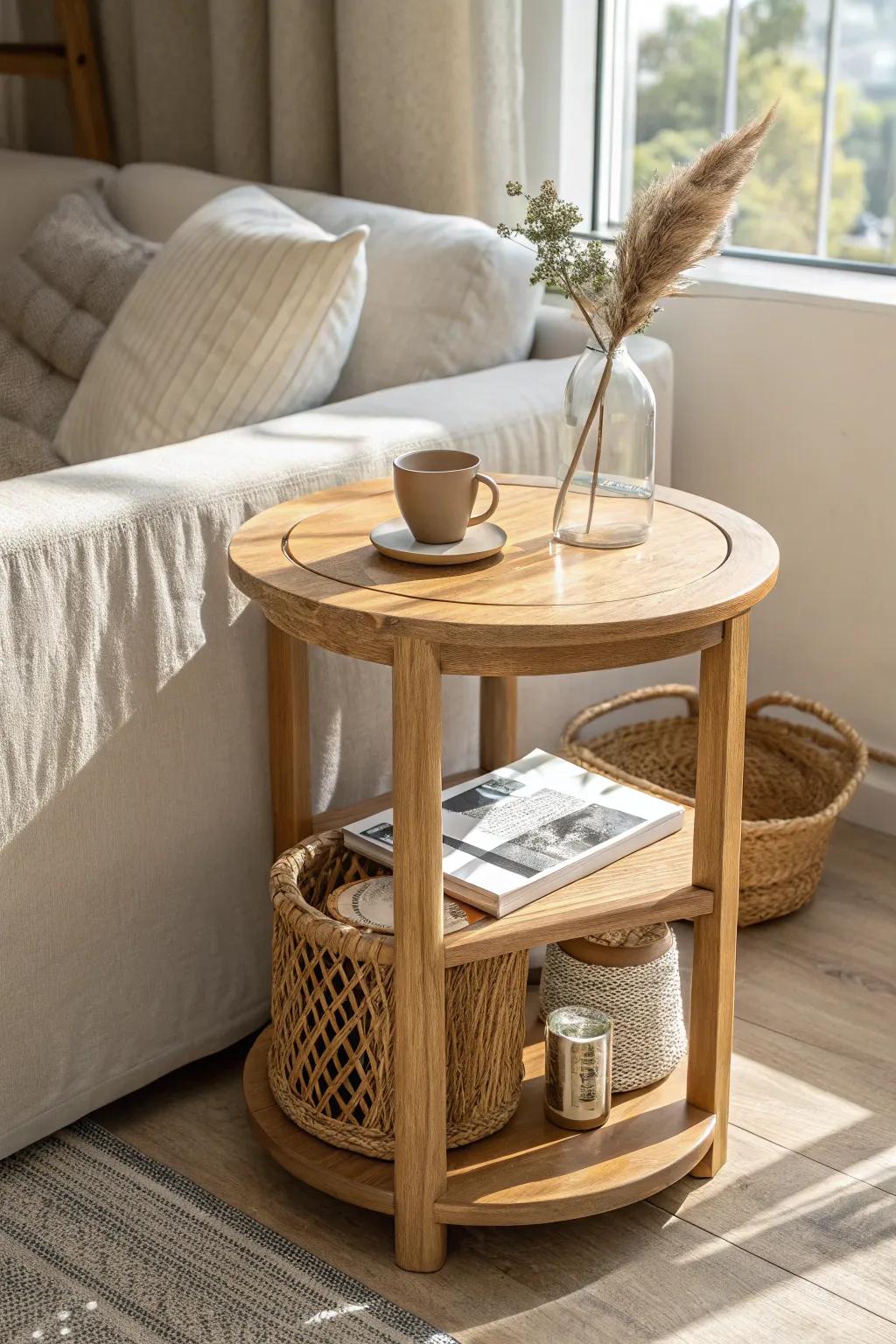 A moveable side table that glides from workday coffee spot to perfect sofa-bed bedside.