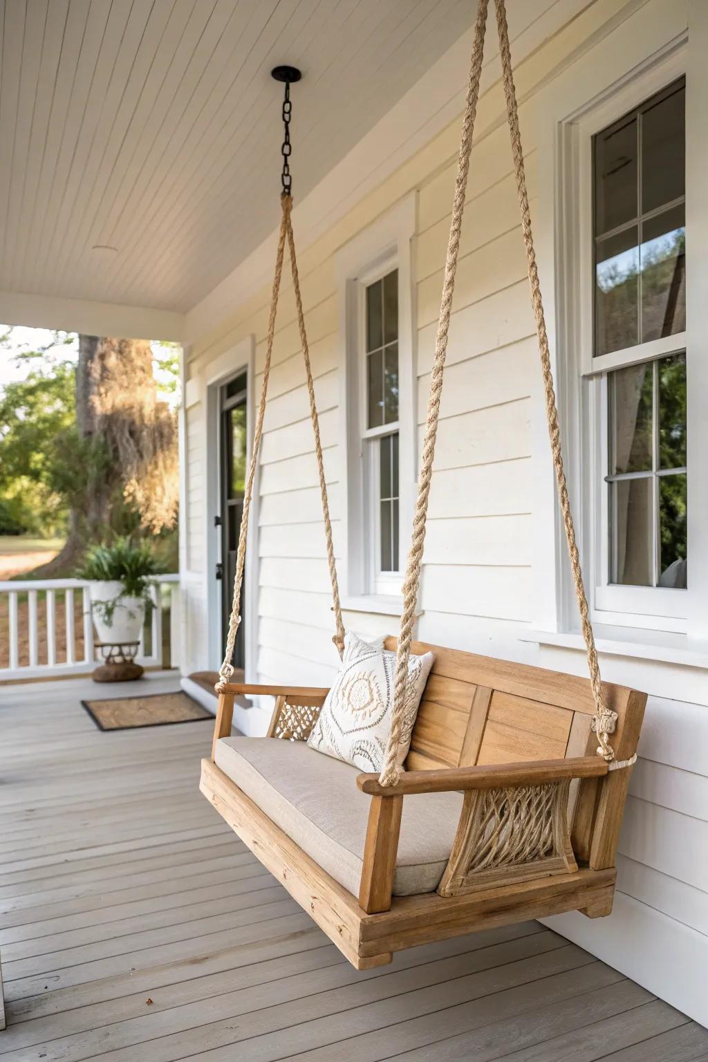 A small, centered porch swing brings instant old-house charm—nostalgic, airy, and cozy.