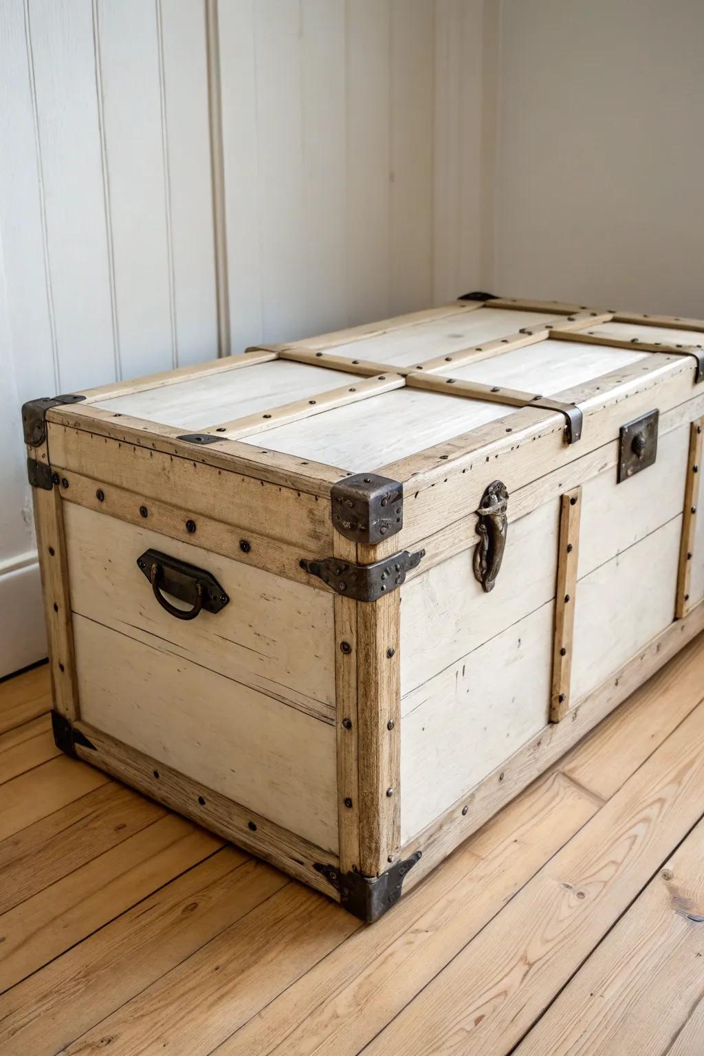 A soft white paint makeover brightens a vintage trunk—perfect for small-space charm.