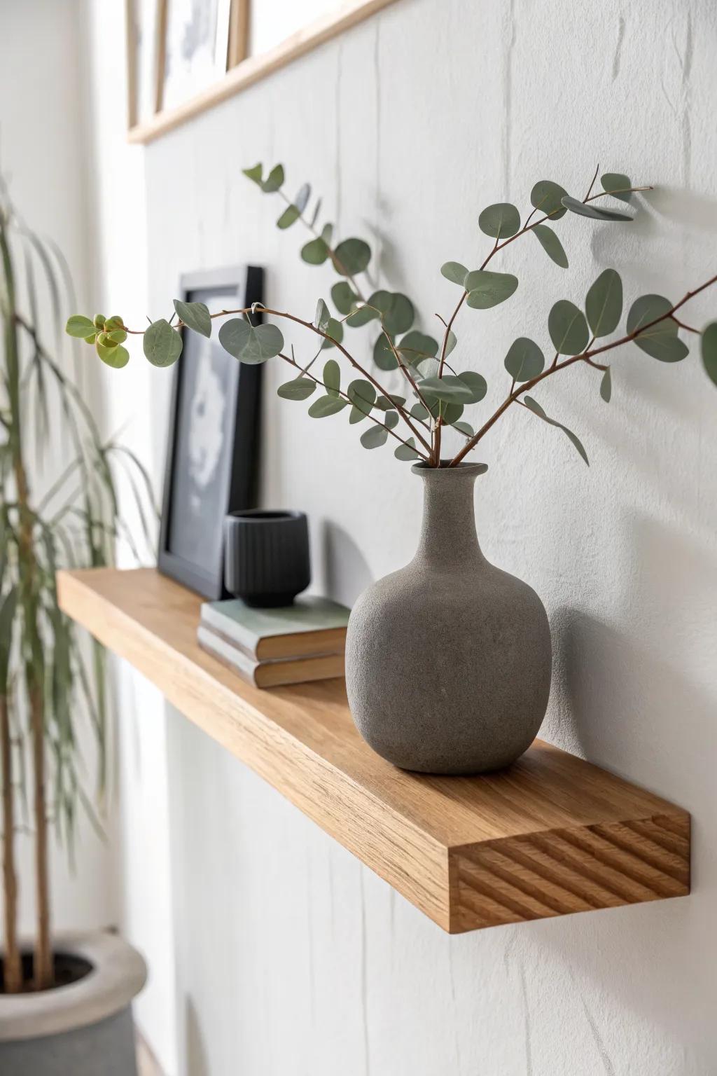 A single oak floating shelf, styled with one sculptural vase—extra storage, zero floor clutter.