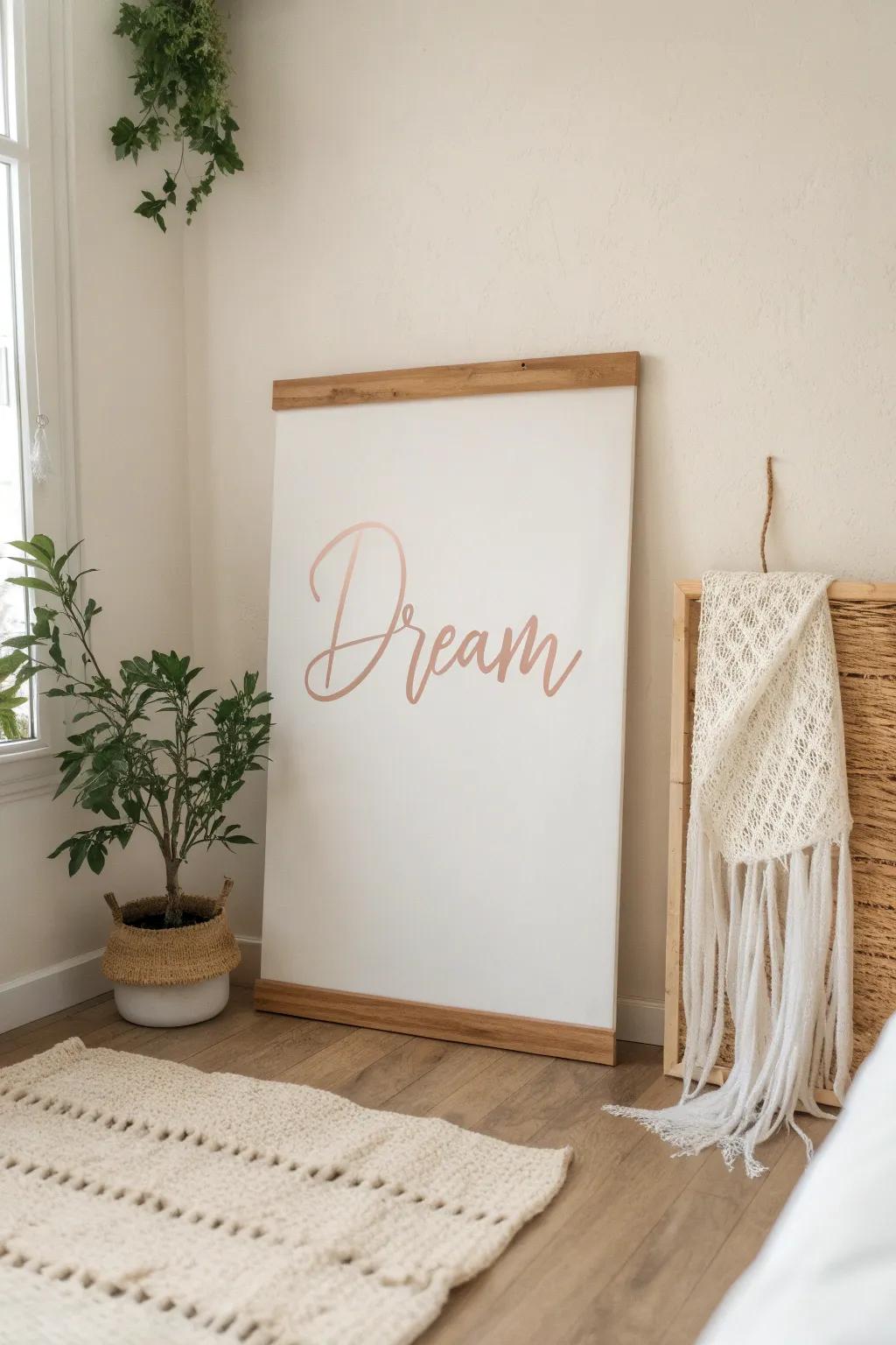 Let your dreams take flight every morning with this elegantly simple 'Dream' poster.