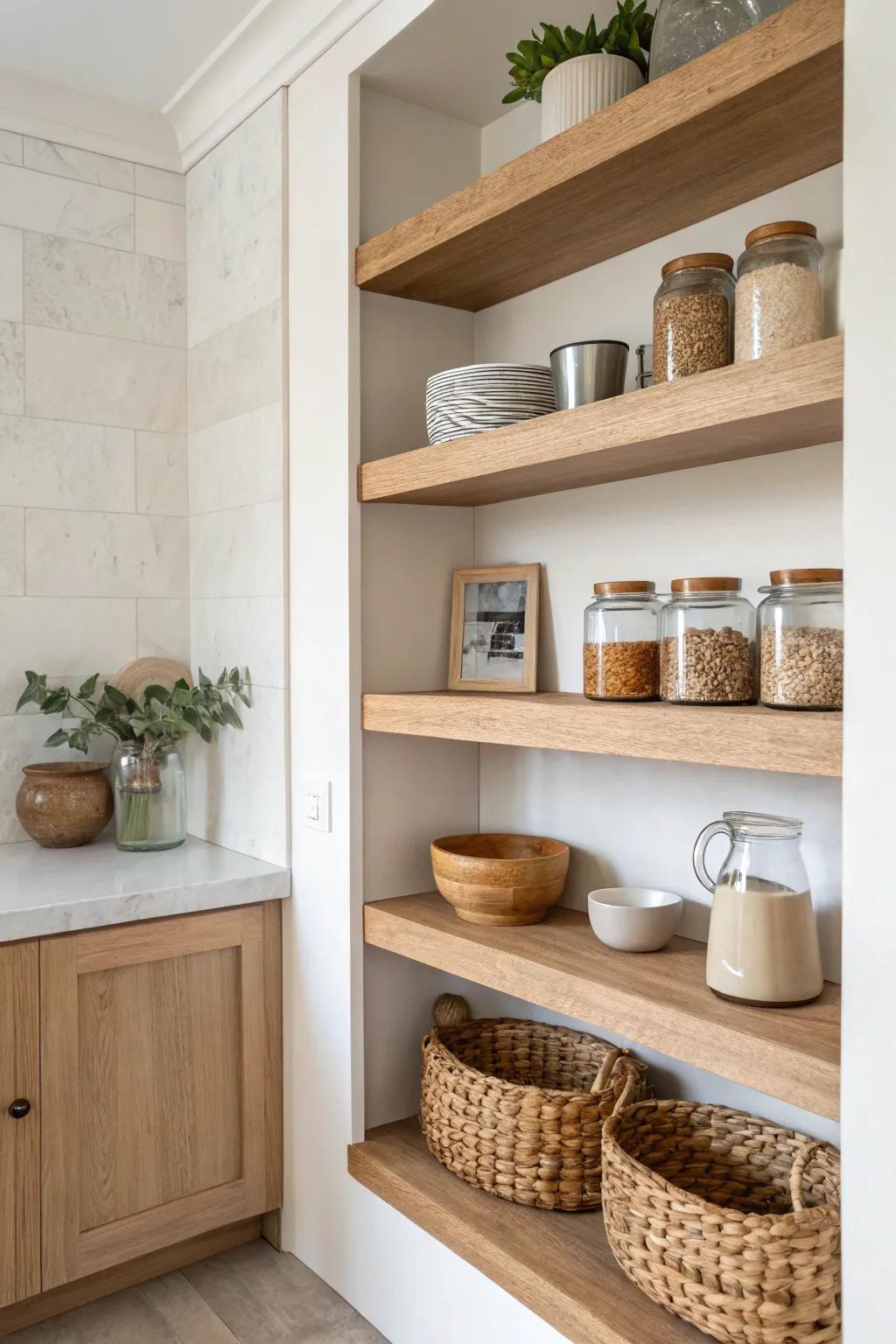 Turn an awkward wall nook into recessed open pantry shelves—minimal, custom, and space-smart.
