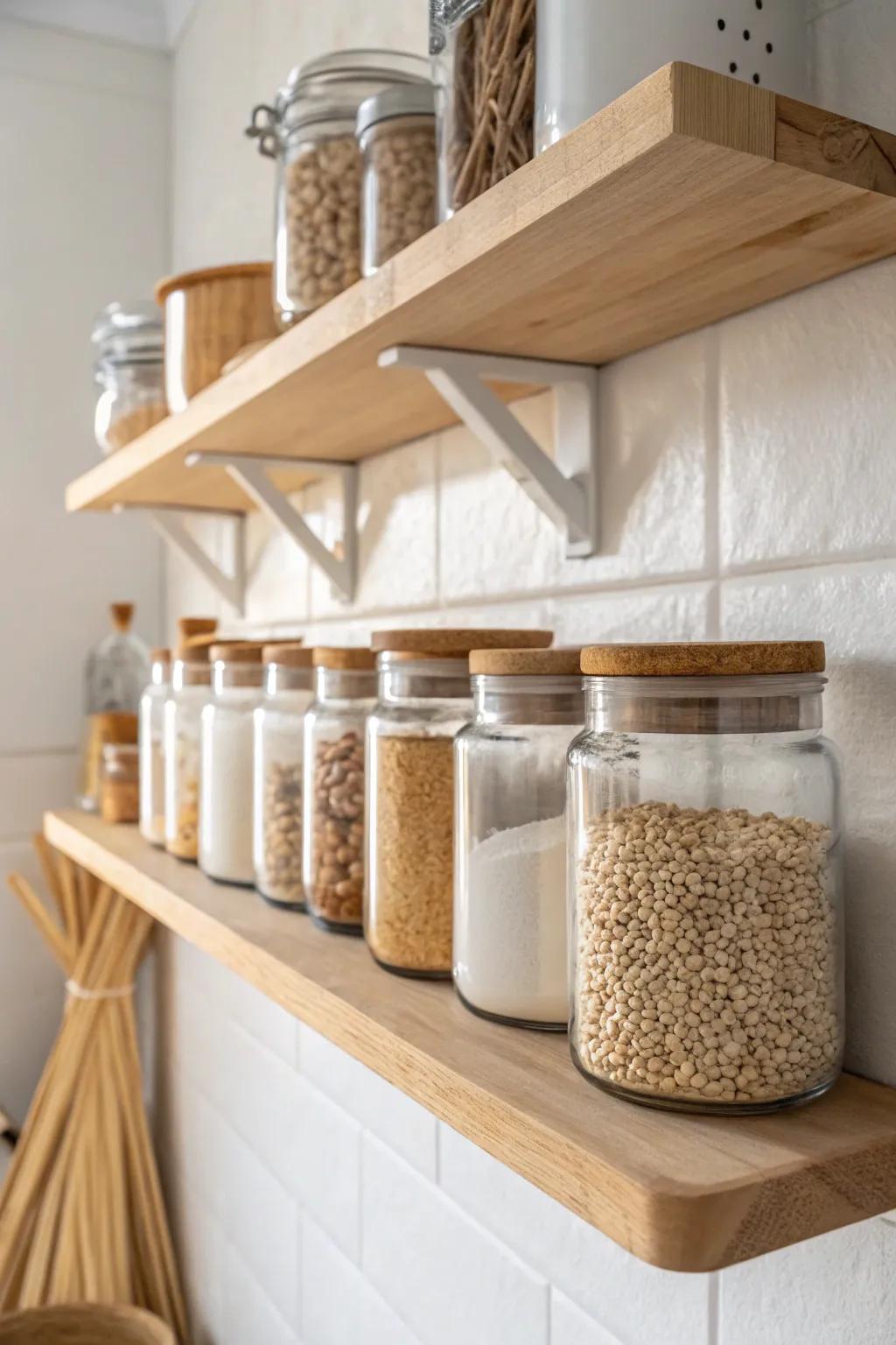 Shallow one-row pantry shelves keep tight galley kitchens looking calm and curated.