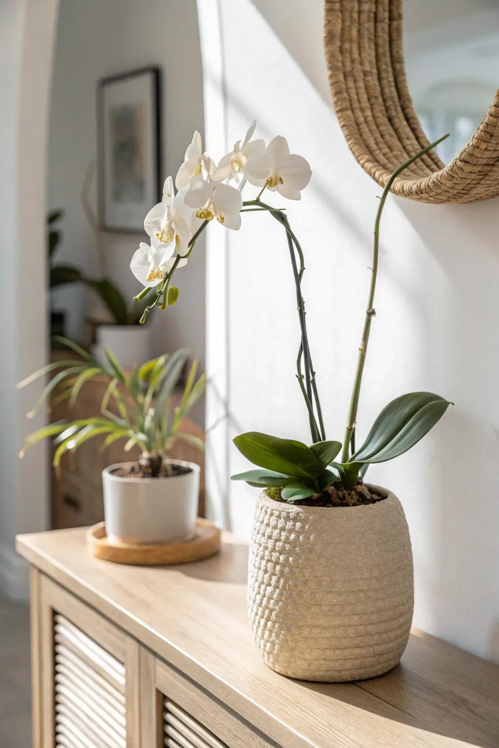 An off-center orchid on the entry console creates a calm, crafted moment—without clutter.
