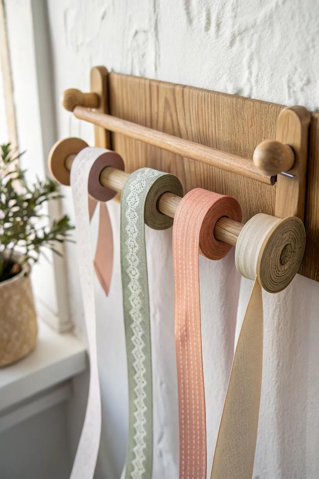 A tidy dowel dispenser row keeps ribbons and tapes smooth, sorted, and tangle-free.