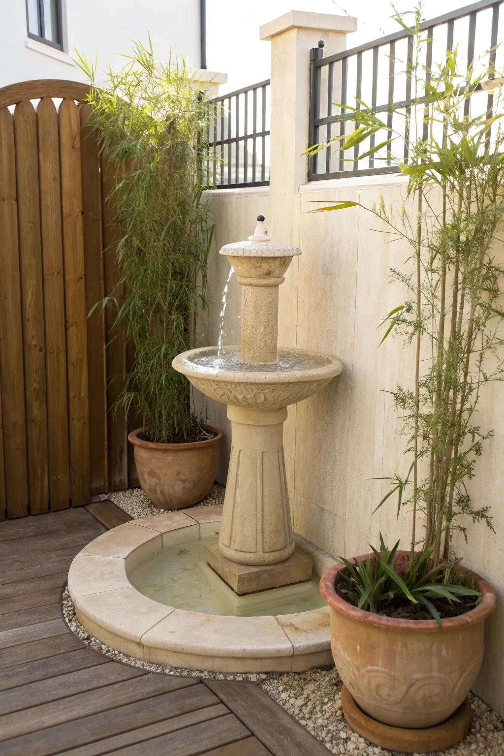 Turn a bare fence corner into a serene “room” with a slim fountain and tall greenery.