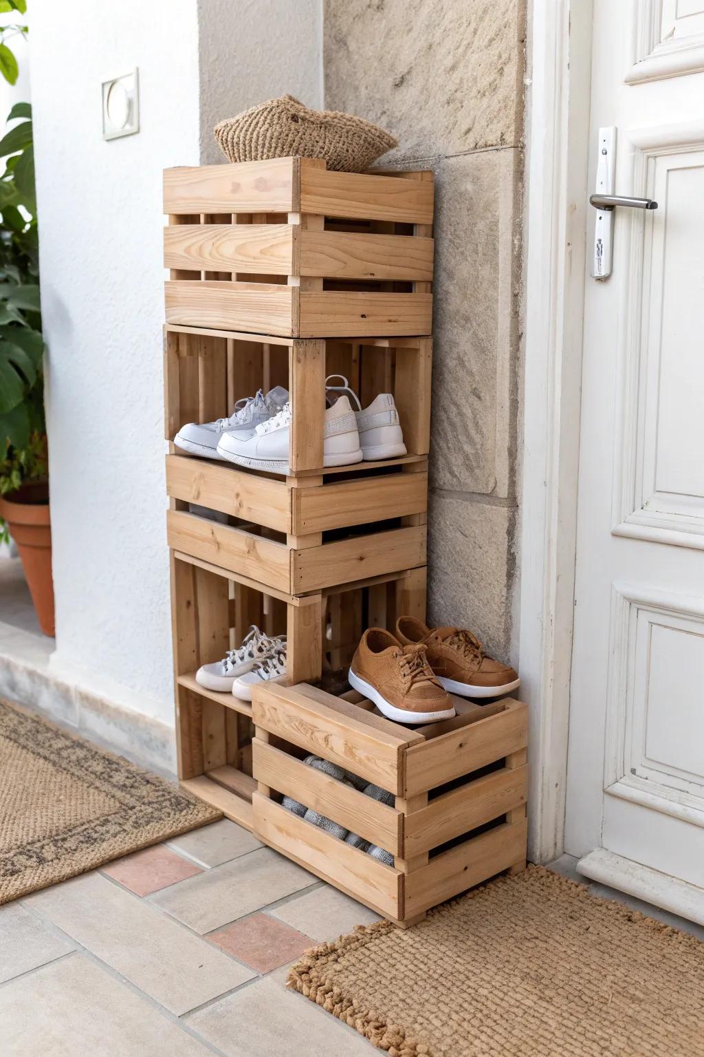 Stackable ventilated crates create airy, dedicated shoe slots—perfect for tiny outdoor entryways.