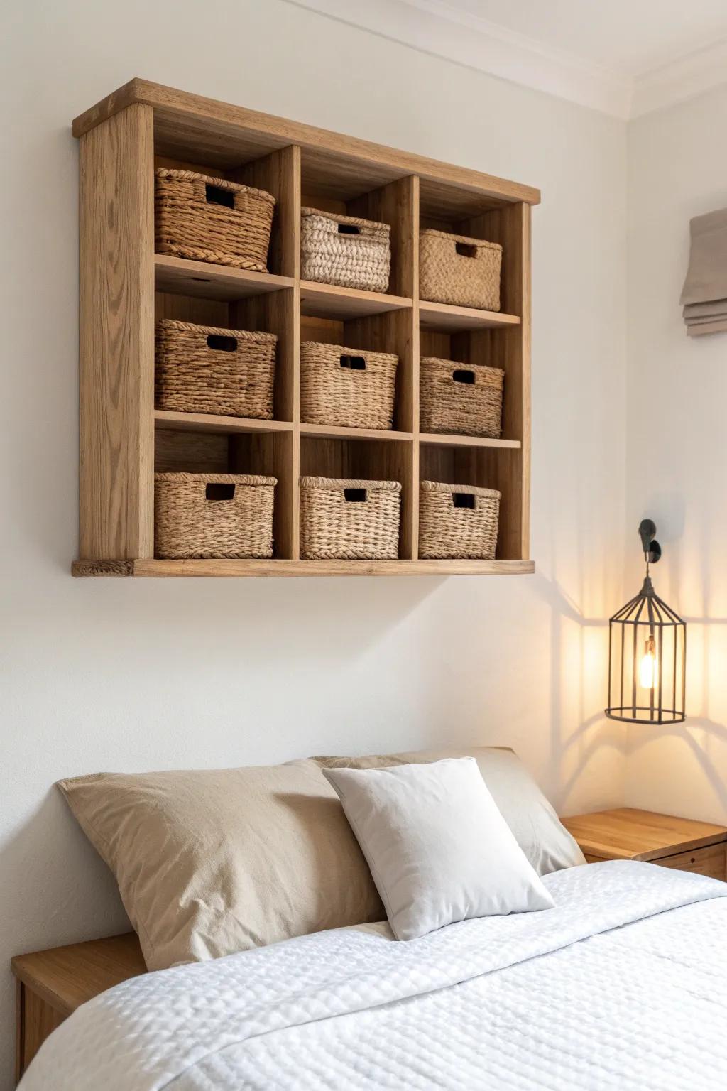 Light oak cubby grid + woven baskets: tidy over‑bed storage that looks calm and curated.
