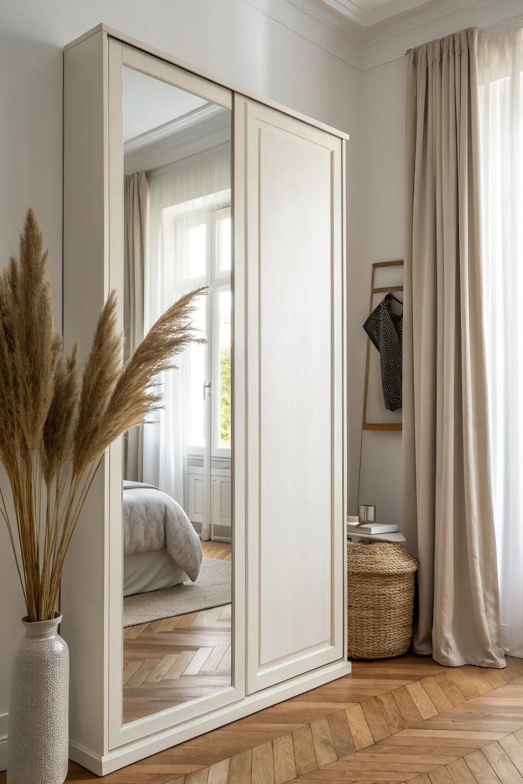 Picture-frame overlays make mirrored doors feel like custom millwork—clean, thicker, luxe.