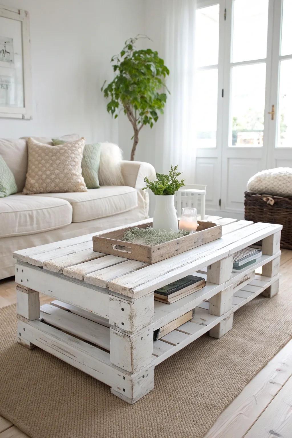 Transform your space with a chic DIY pallet coffee table, perfect for adding a touch of elegance and simplicity.