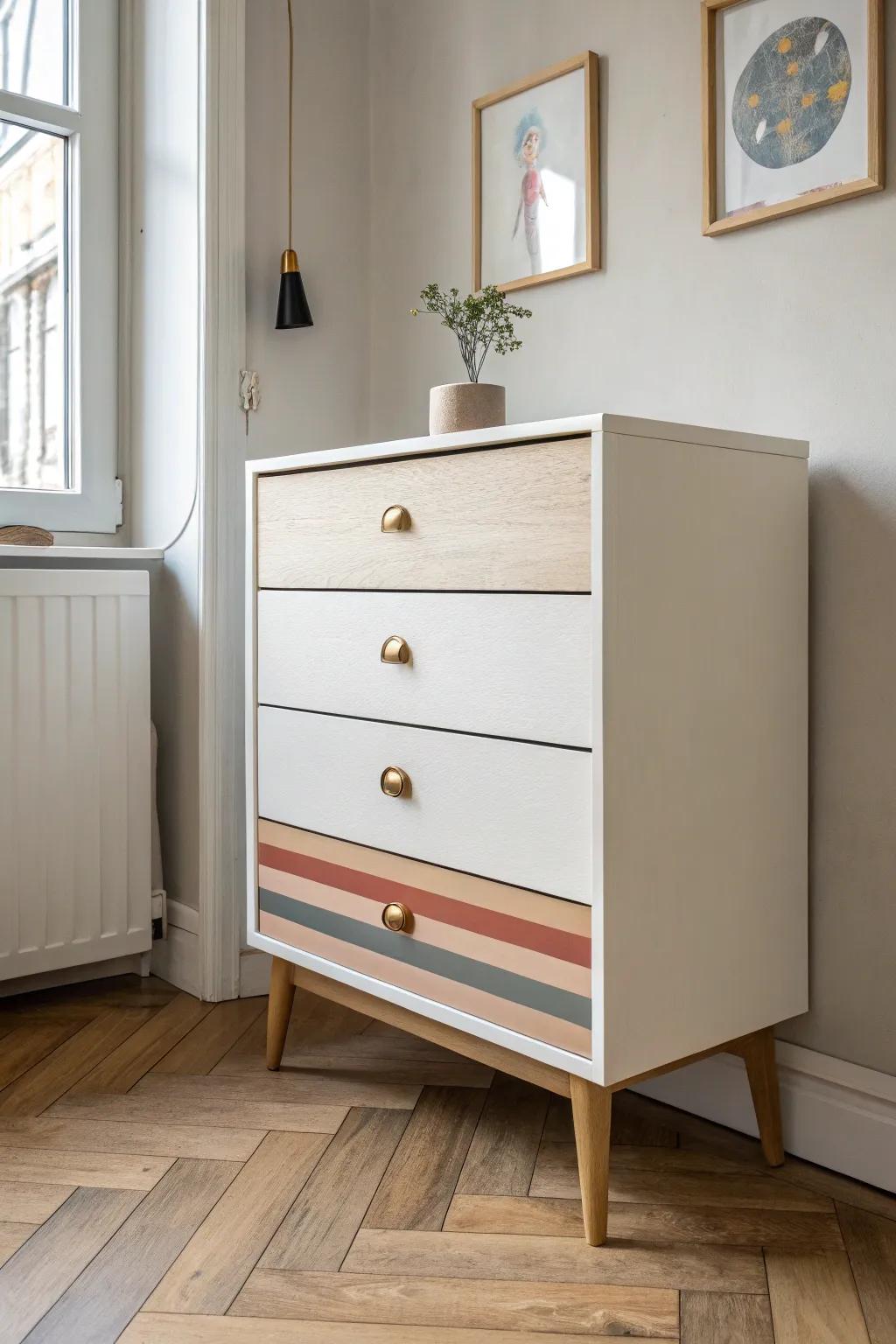 Thin painted stripes make a worn dresser look custom—simple, modern, and beautifully crafted.