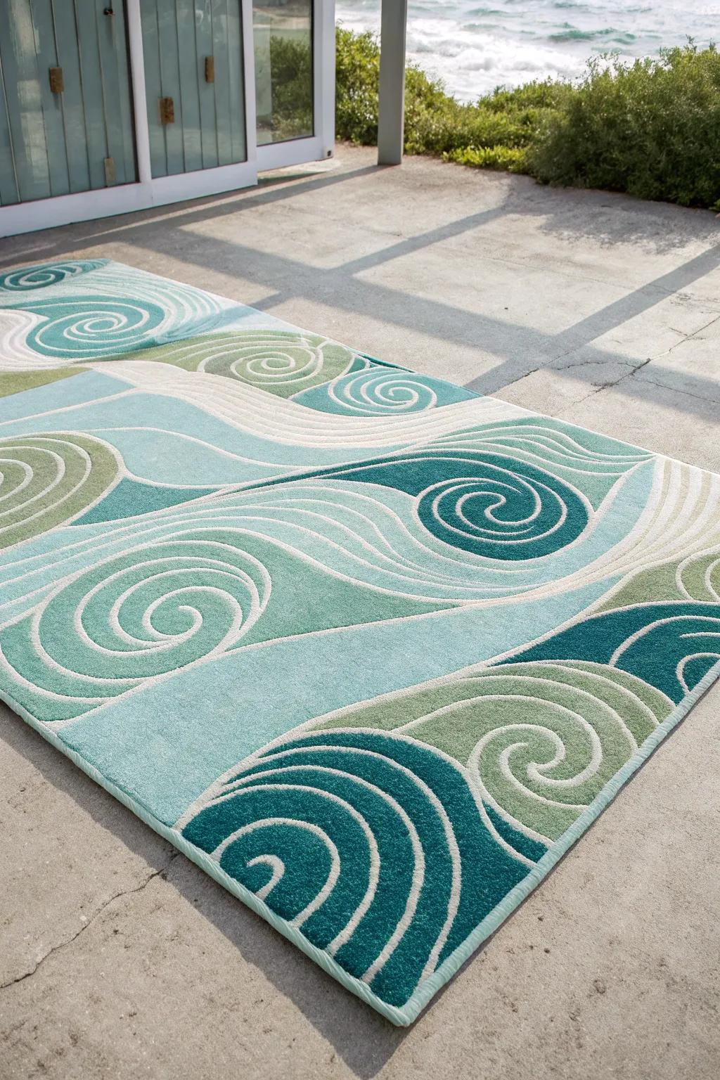 Bring serenity to your space with whimsical wave patterns in soothing blues and greens.